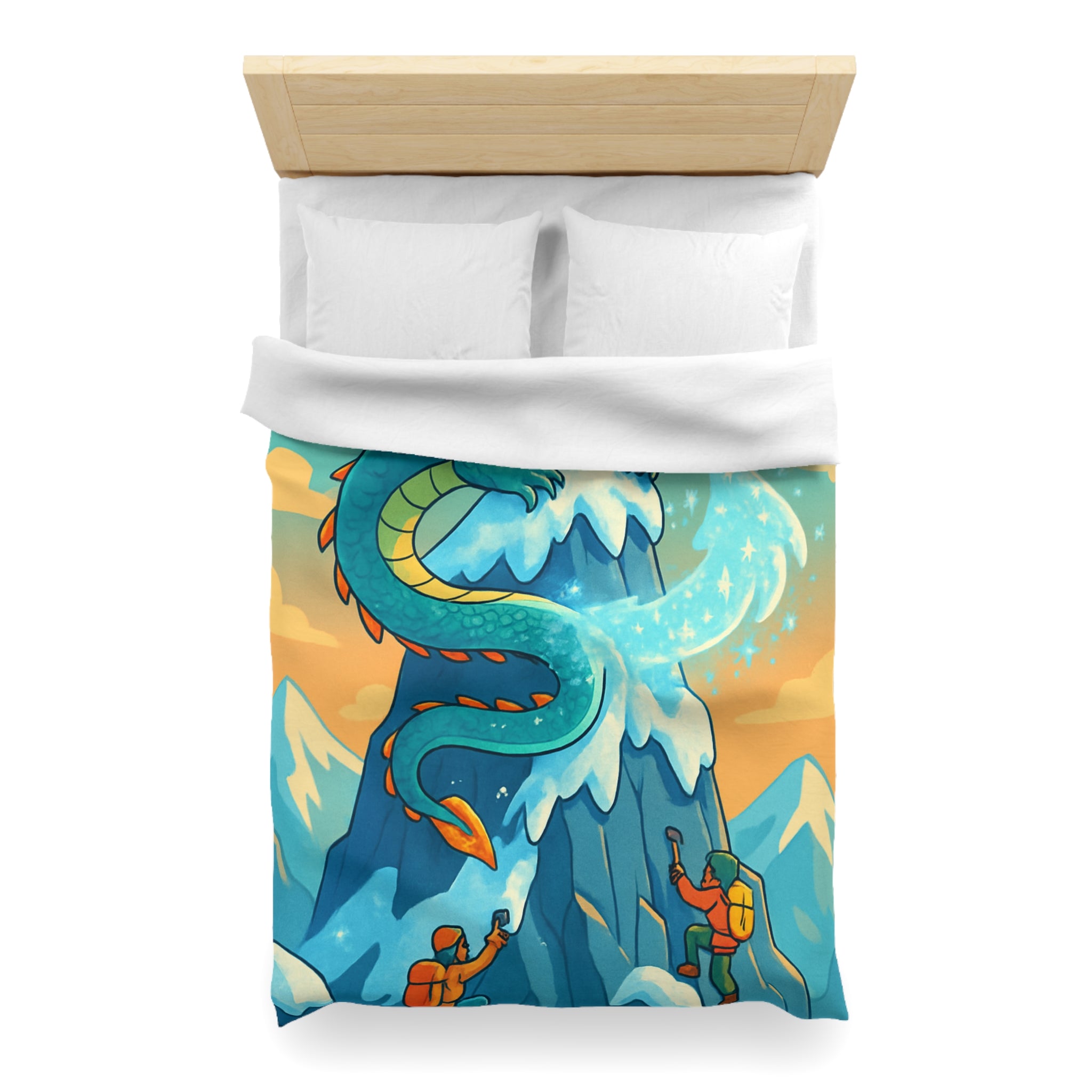 Montagne enneigée gardée par un dragon crachant de la glace, aventure épique illustrée