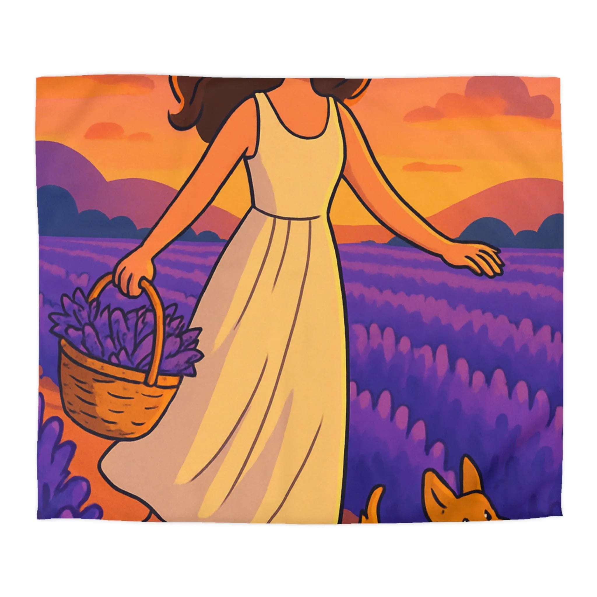 Housse de couette avec design fille et chien dans champ de lavande au coucher du soleil