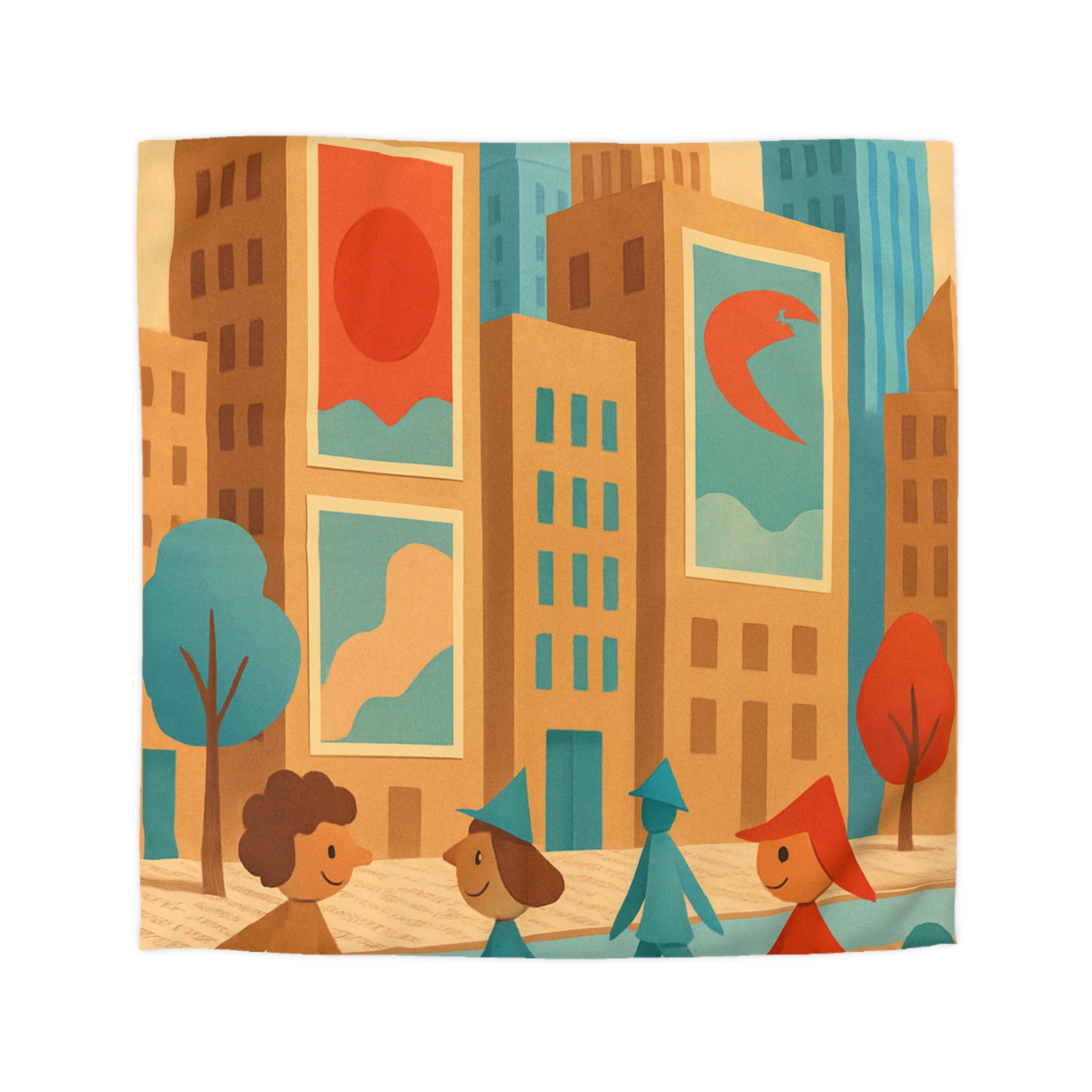 Housse de couette urbaine vintage : architecture colorée, silhouettes géométriques, ambiance rétro joyeuse