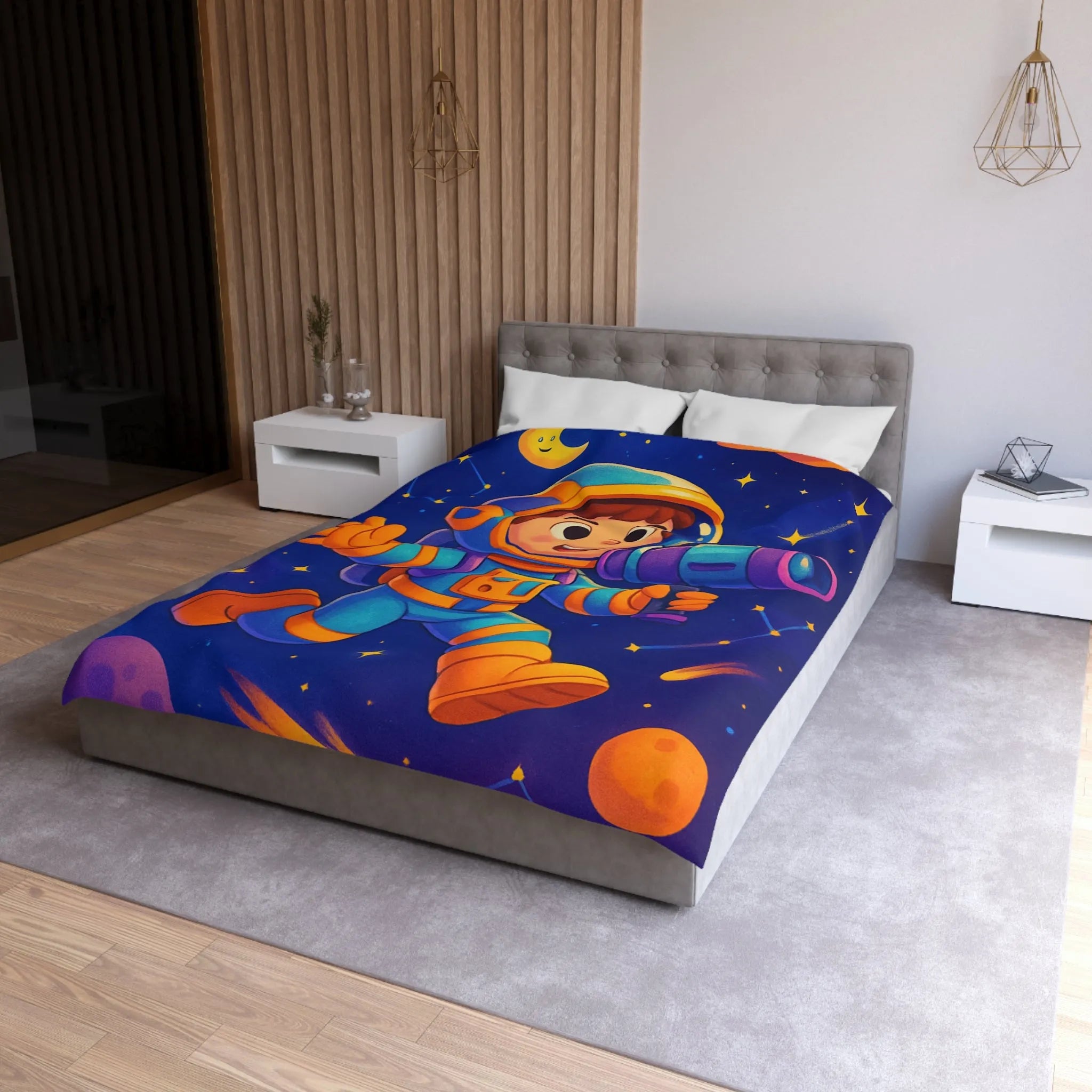 Housse de couette enfant thème astronaute espace avec planètes et constellations joyeuses