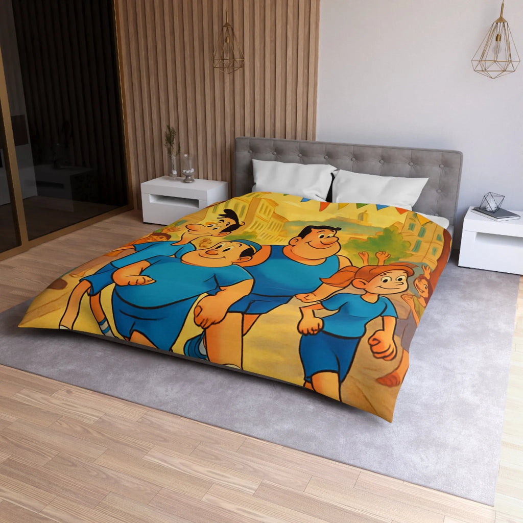 Housse de couette colorée avec personnages marchant joyeusement dans une rue animée