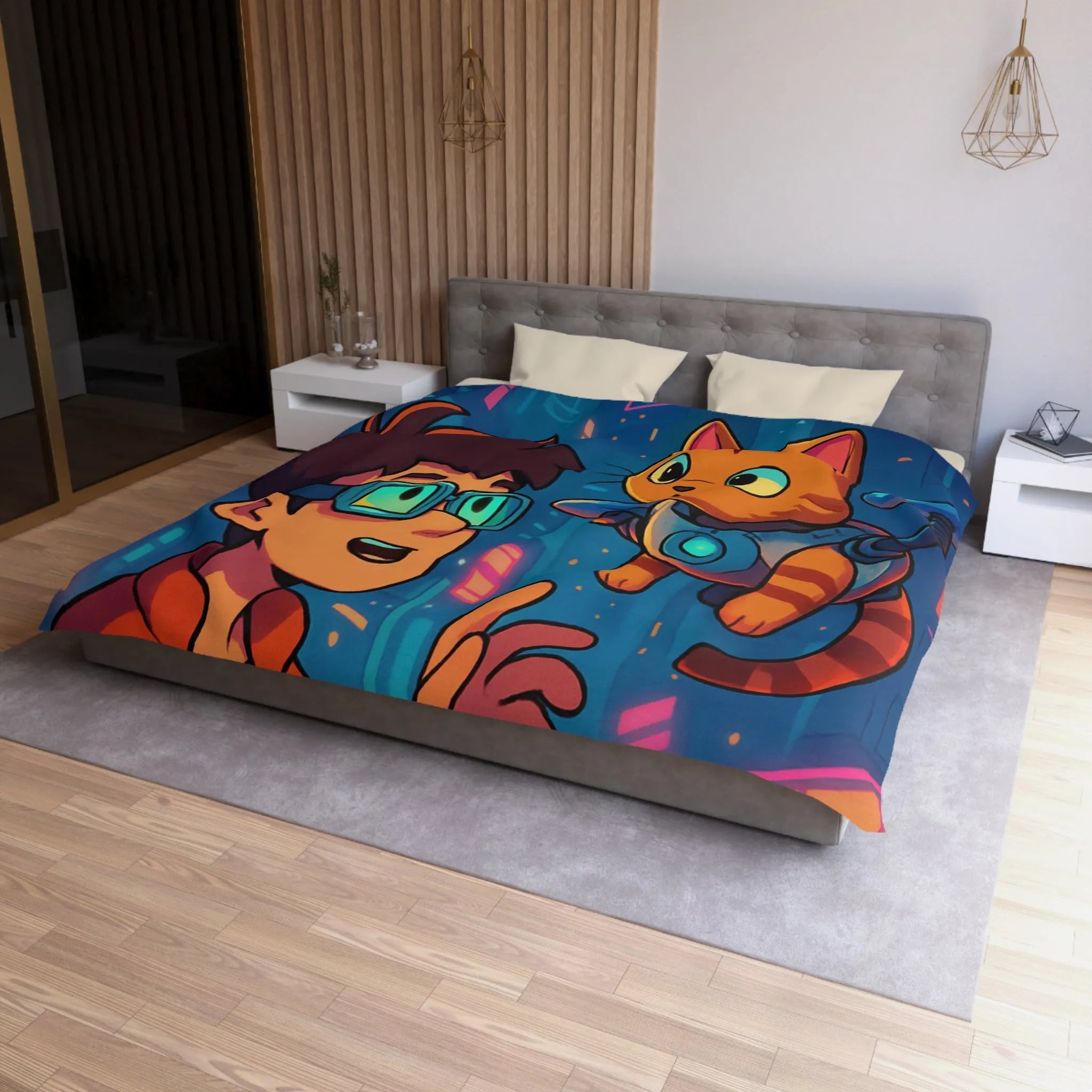 Housse de couette enfants style futuriste avec garçon et chat dans ville cyber