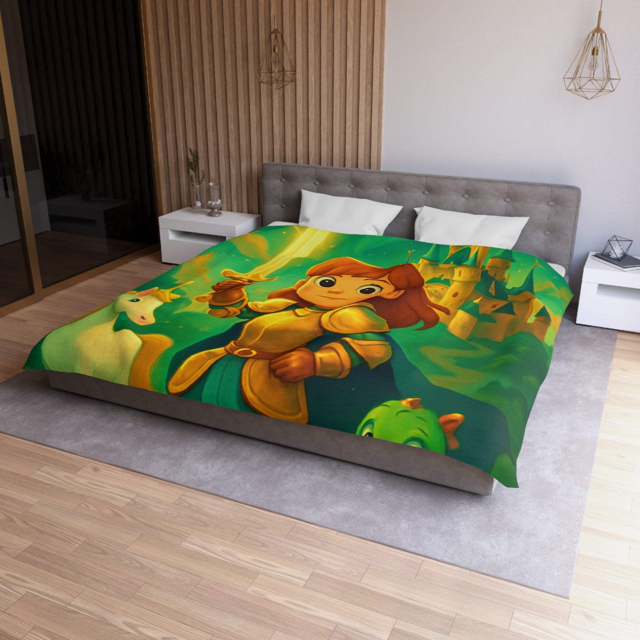 Housse de couette pour enfants avec chevalier, château et animaux fantastiques
