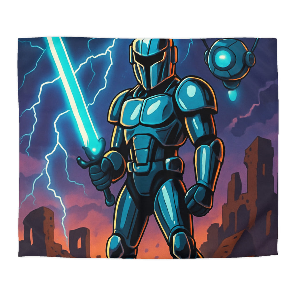 Housse de Couette Sci-Fi avec Guerrier en Armure et Paysage Apocalyptique