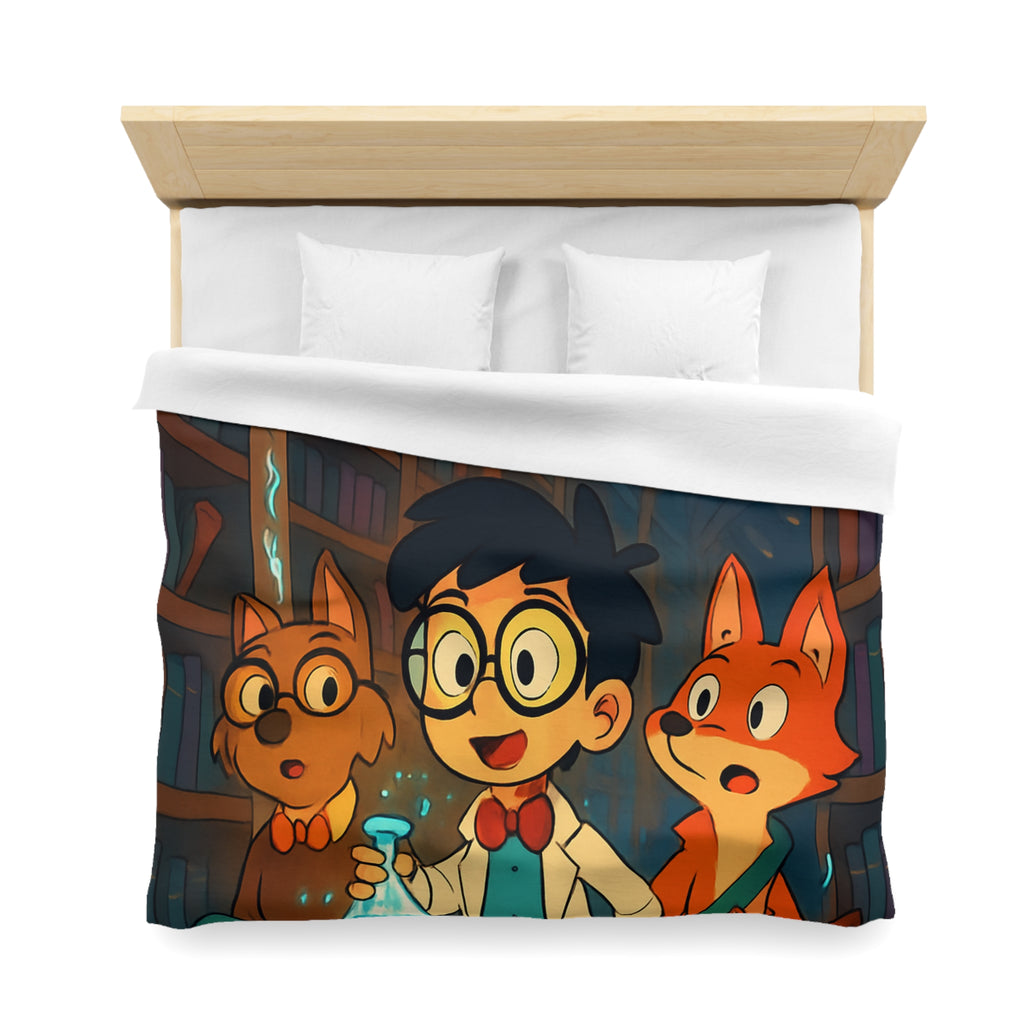 Housse de couette pour enfants avec dessin animé de bibliothèque magique et animaux curieux