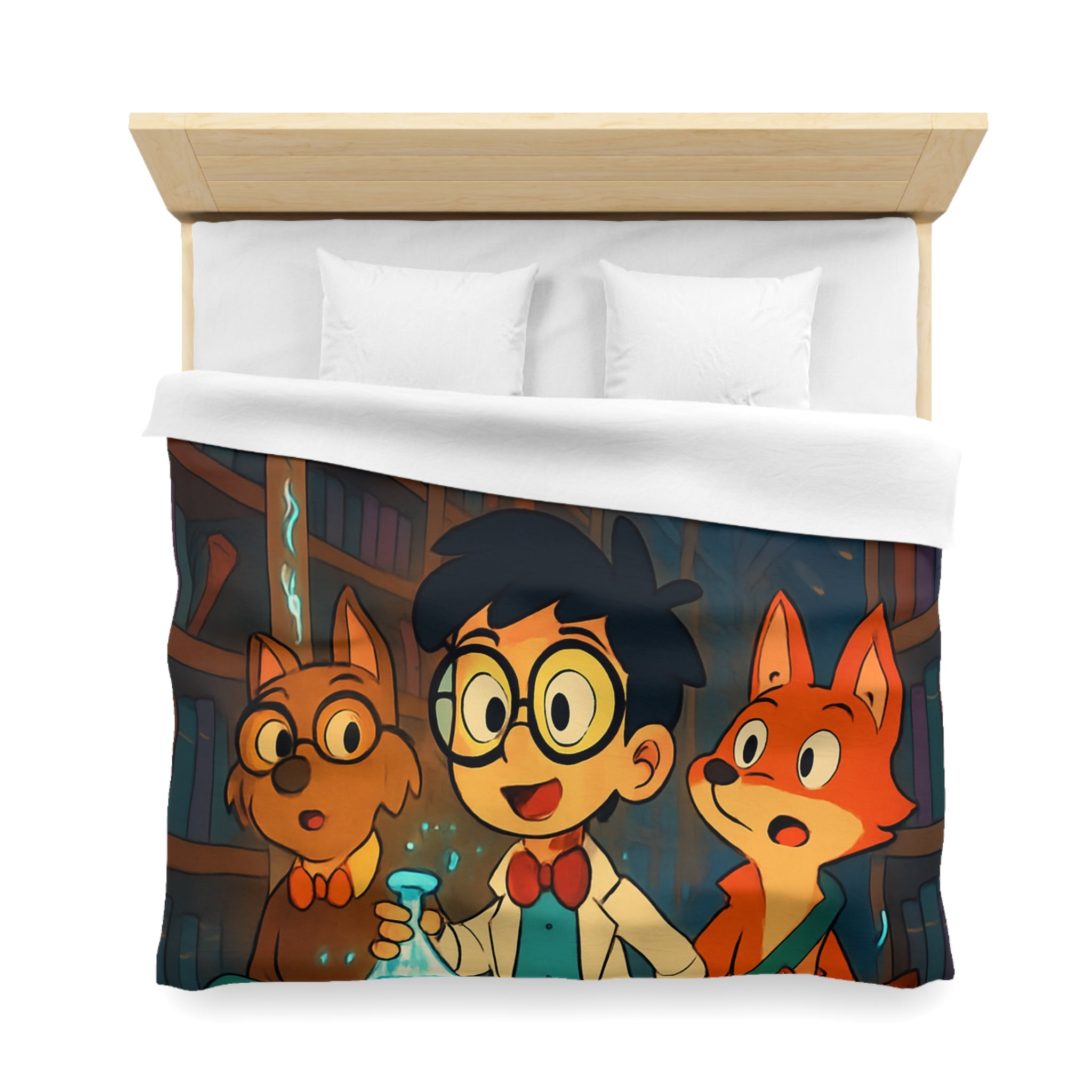 Housse de couette pour enfants avec dessin animé de bibliothèque magique et animaux curieux