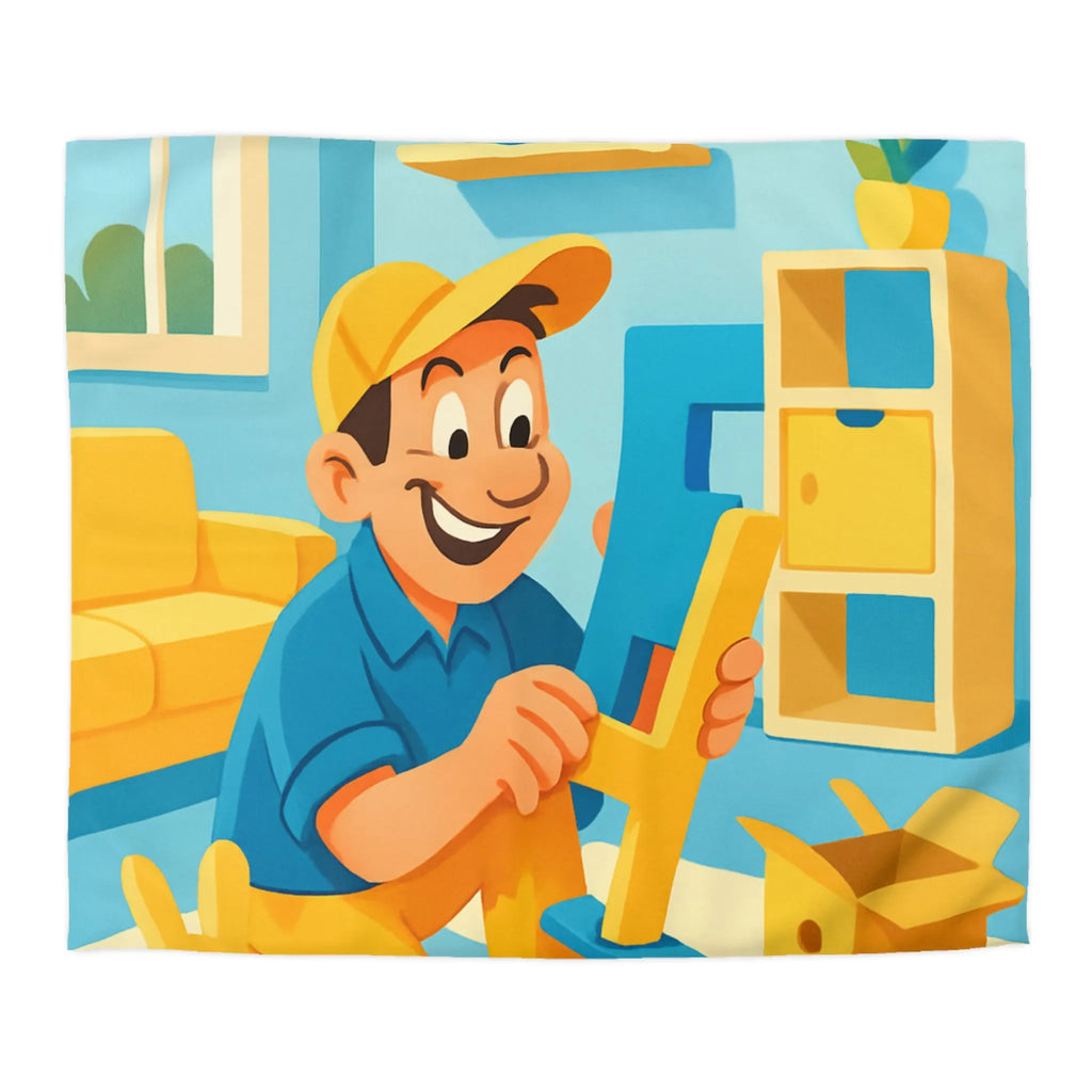 Housse de couette colorée avec personnage joyeux assemblant des jouets dans une pièce ensoleillée