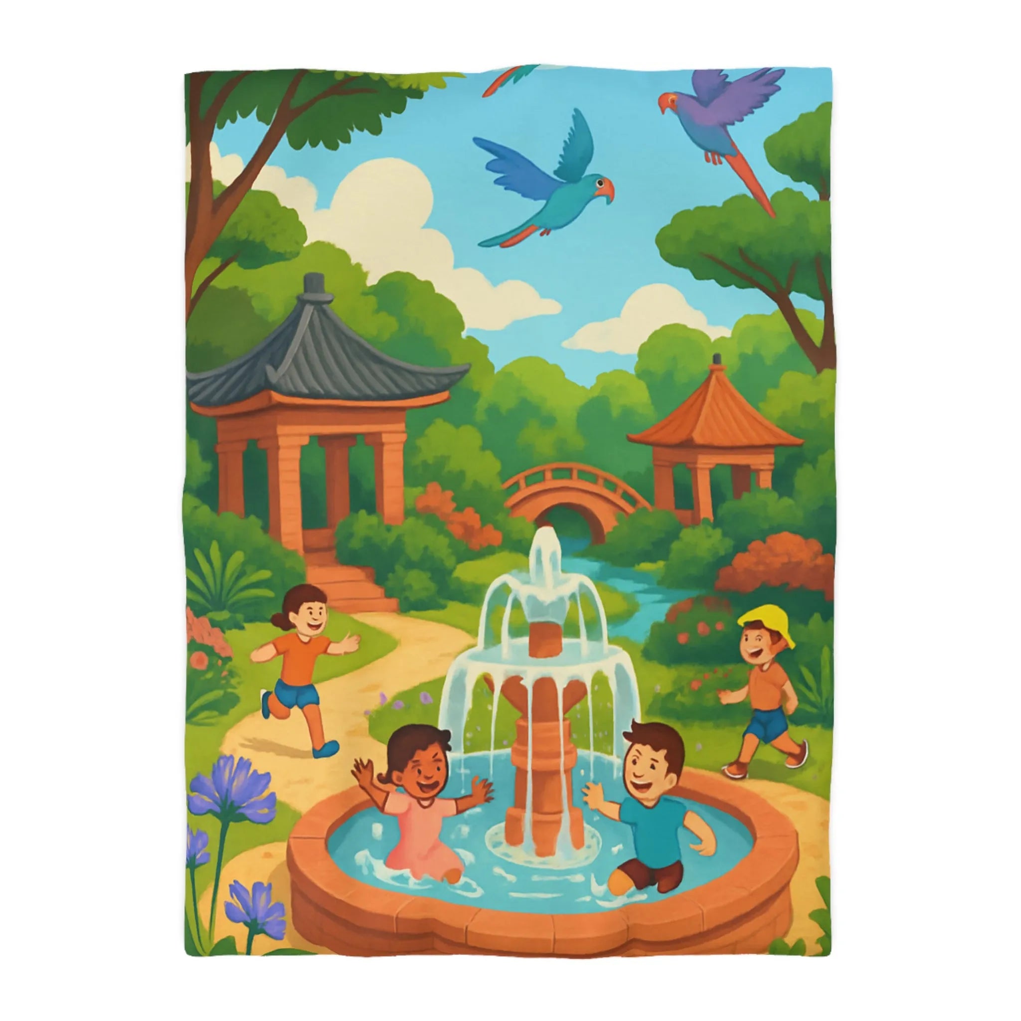 Housse de couette colorée avec enfants jouant autour d'une fontaine joyeuse au parc