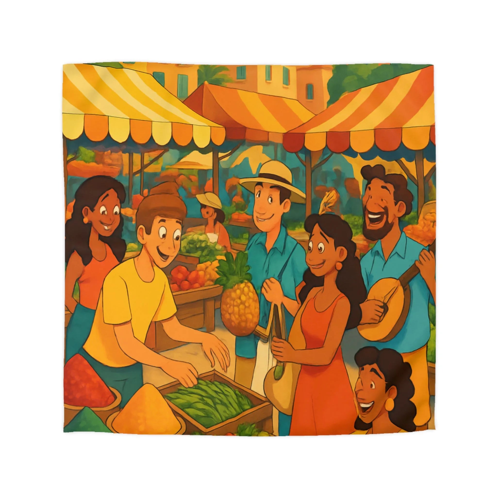 Housse de couette illustrant marché animé avec couleurs chaudes et ambiance festive