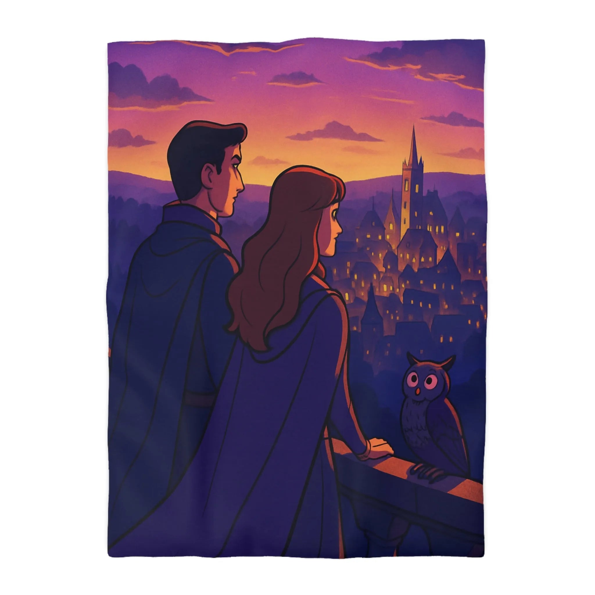 Housse de couette magique au crépuscule avec paysage envoûtant et personnages mystérieux
