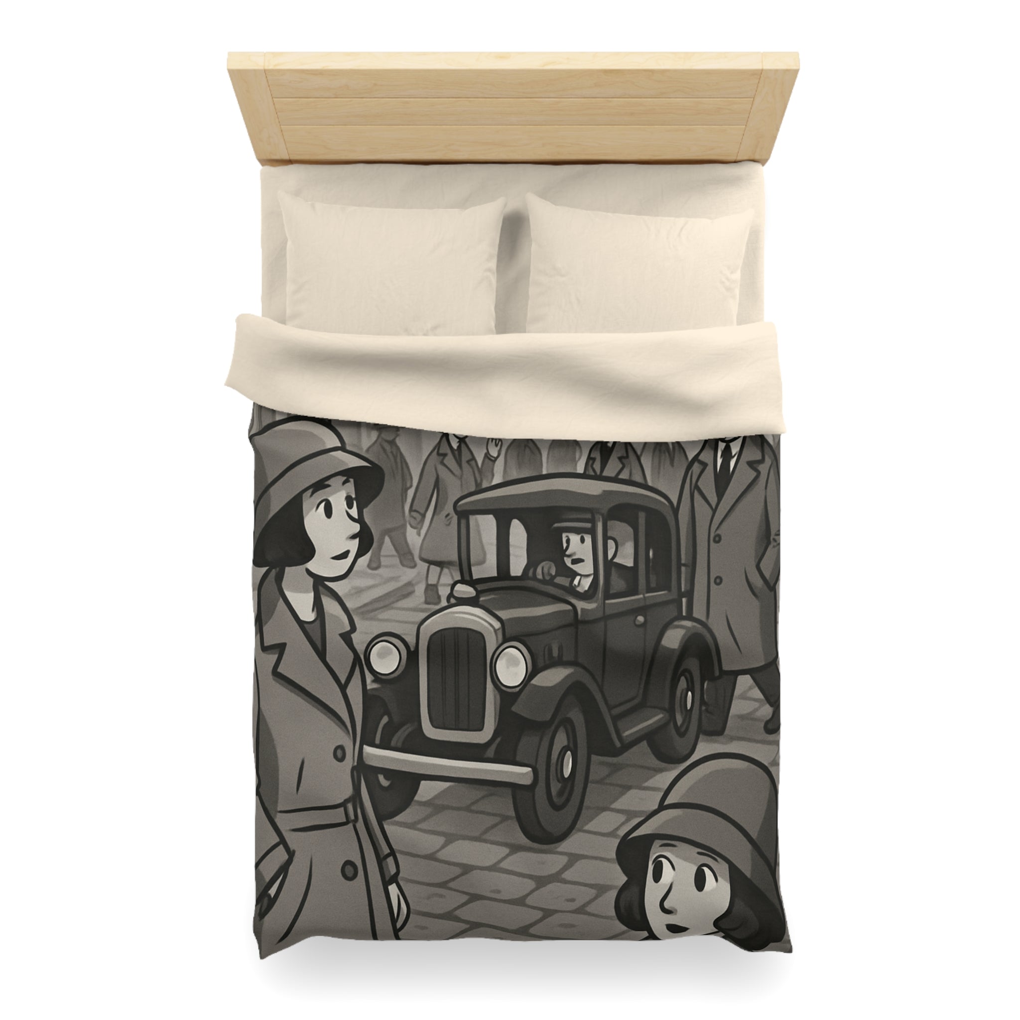 Housse de Couette Vintage avec Rue Animée et Voiture des Années 1930