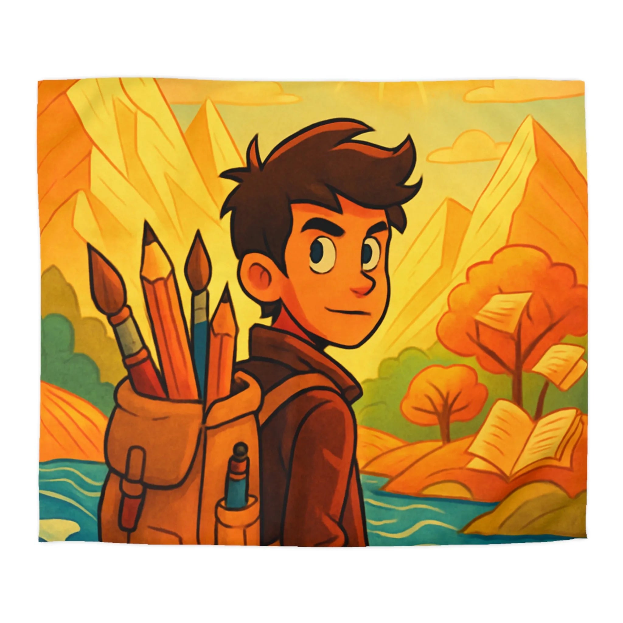 Housse de couette artistique colorée avec paysage lumineux et personnage aventureux dessiné
