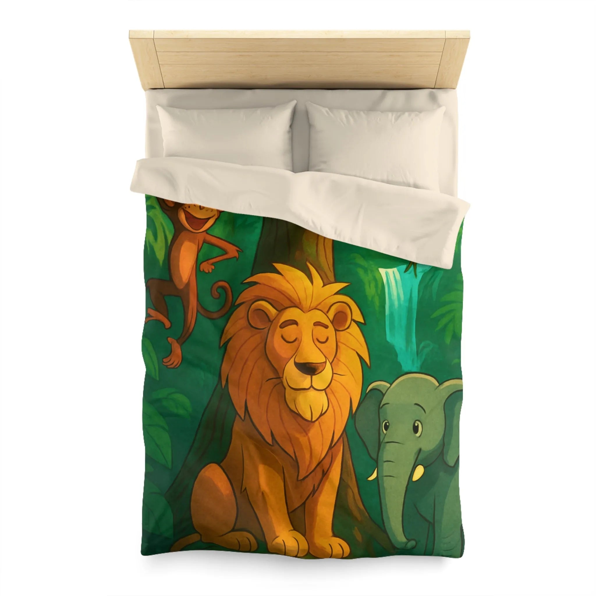 Housse de Couette Jungle Enchantée avec Lion, Singe, Éléphant et Chute d’Eau Magique