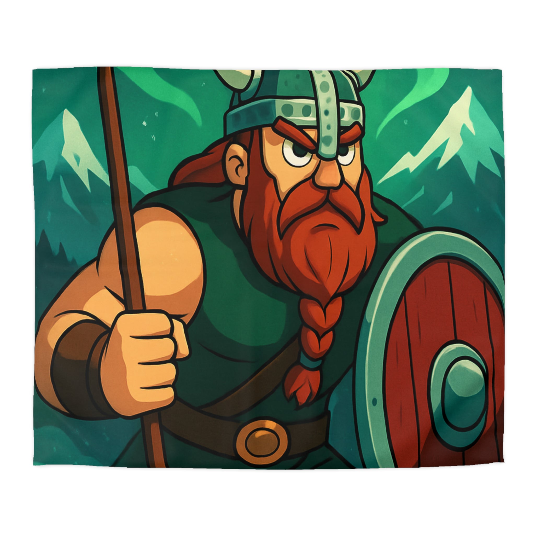 Housse de Couette Viking Illustration avec Guerrier Nordique, Montagne et Aurore Boréale