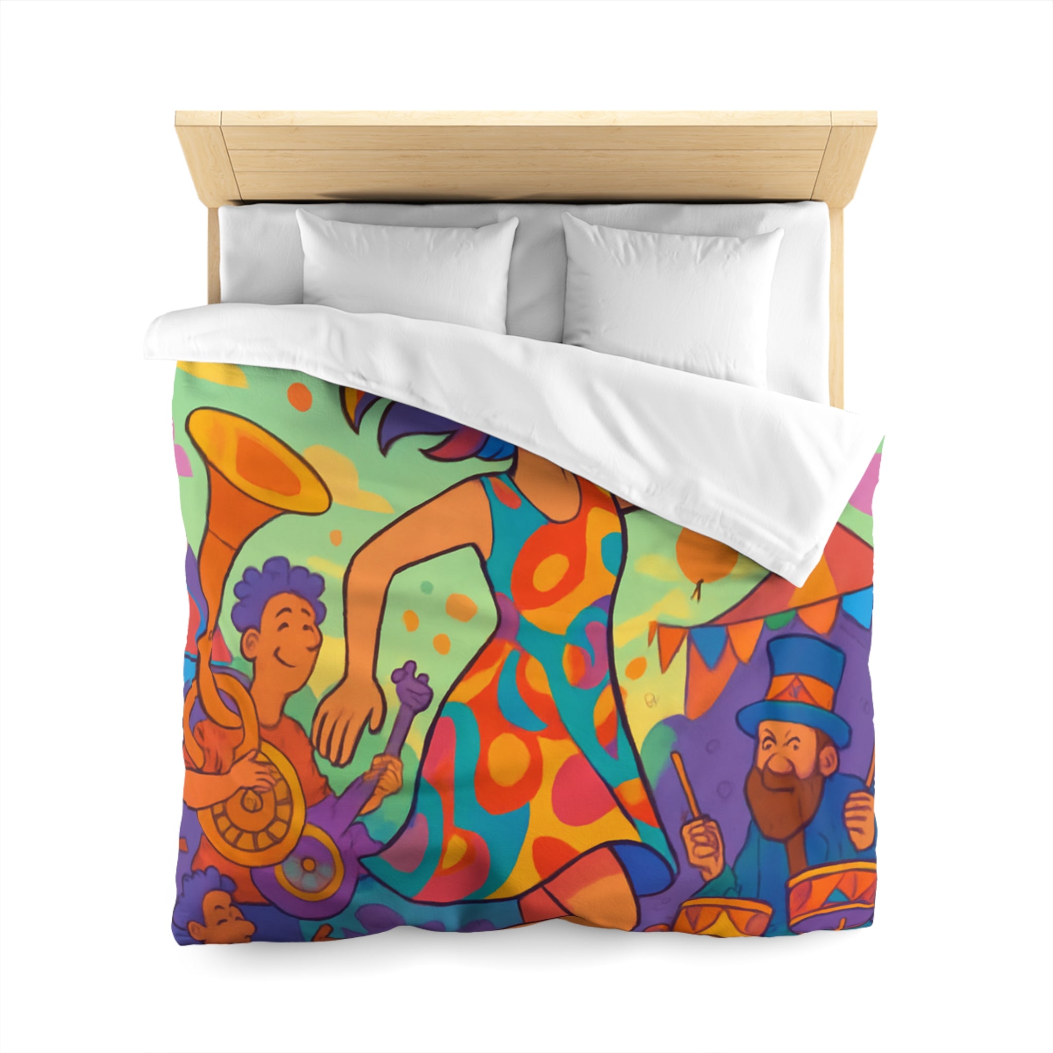 Housse de couette multicolore avec motif de fête joyeuse et personnages dansants
