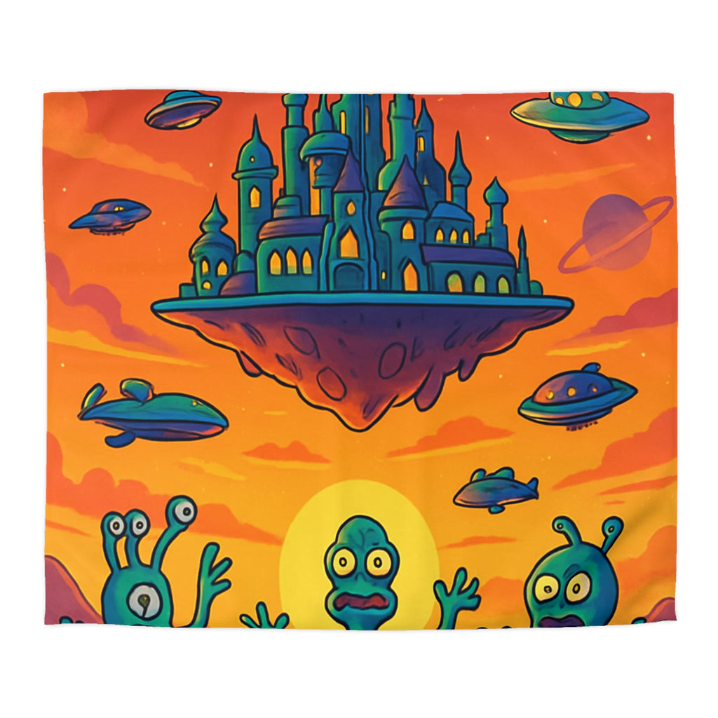 Housse de couette sur thème extraterrestre avec château flottant et OVNI colorés