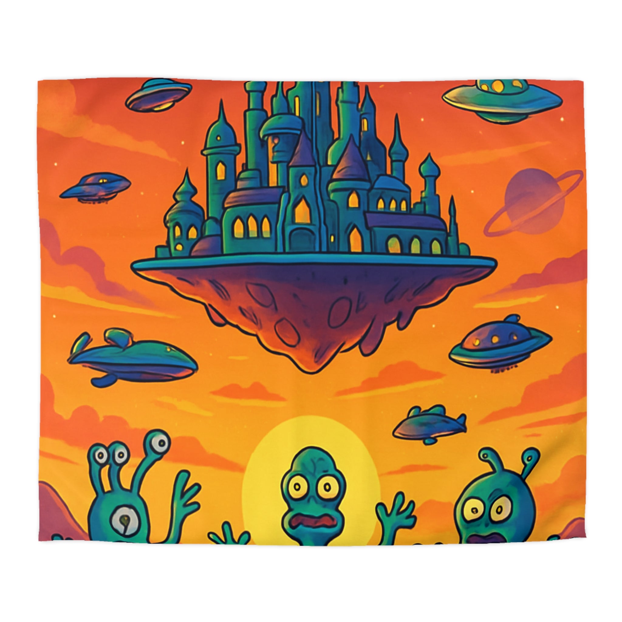 Housse de couette sur thème extraterrestre avec château flottant et OVNI colorés