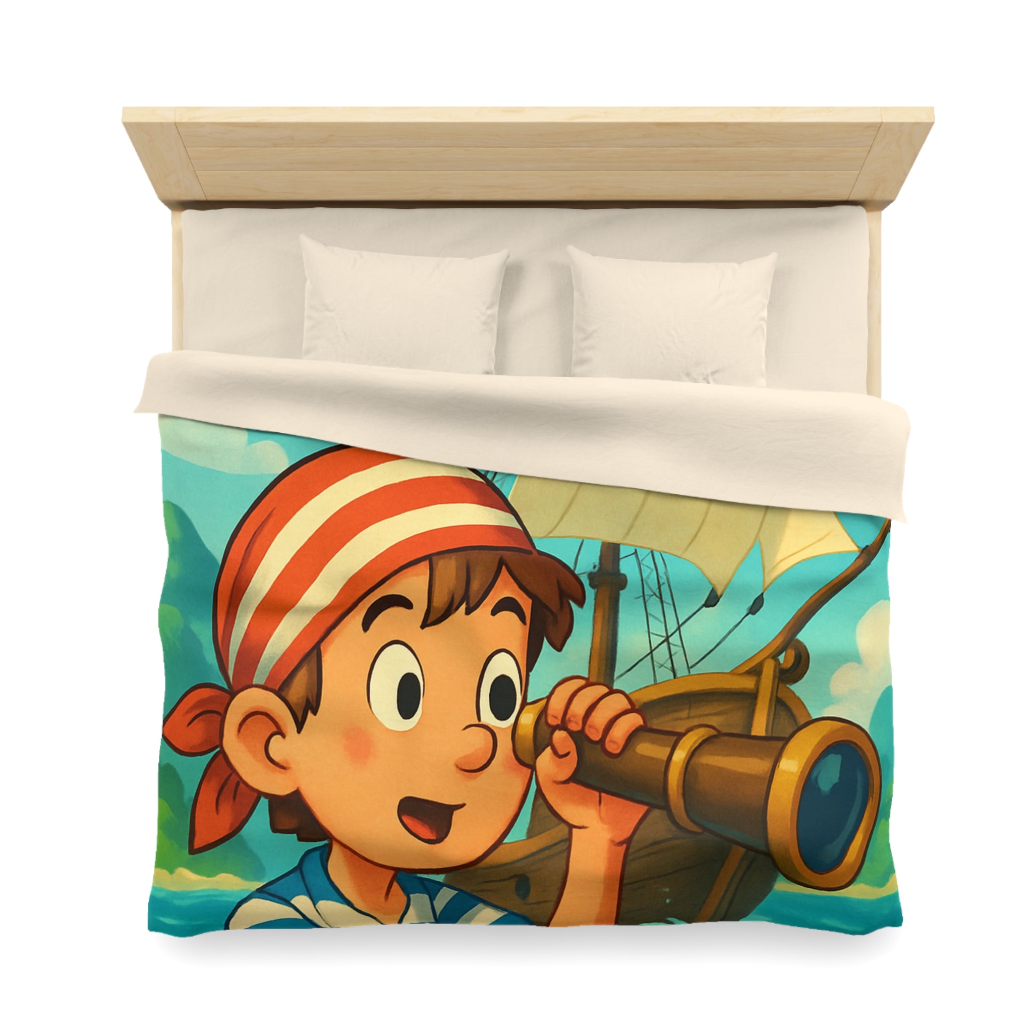 Housse de Couette Pirate Enfantine avec Bateau et Jumelles pour Chambre Aventure