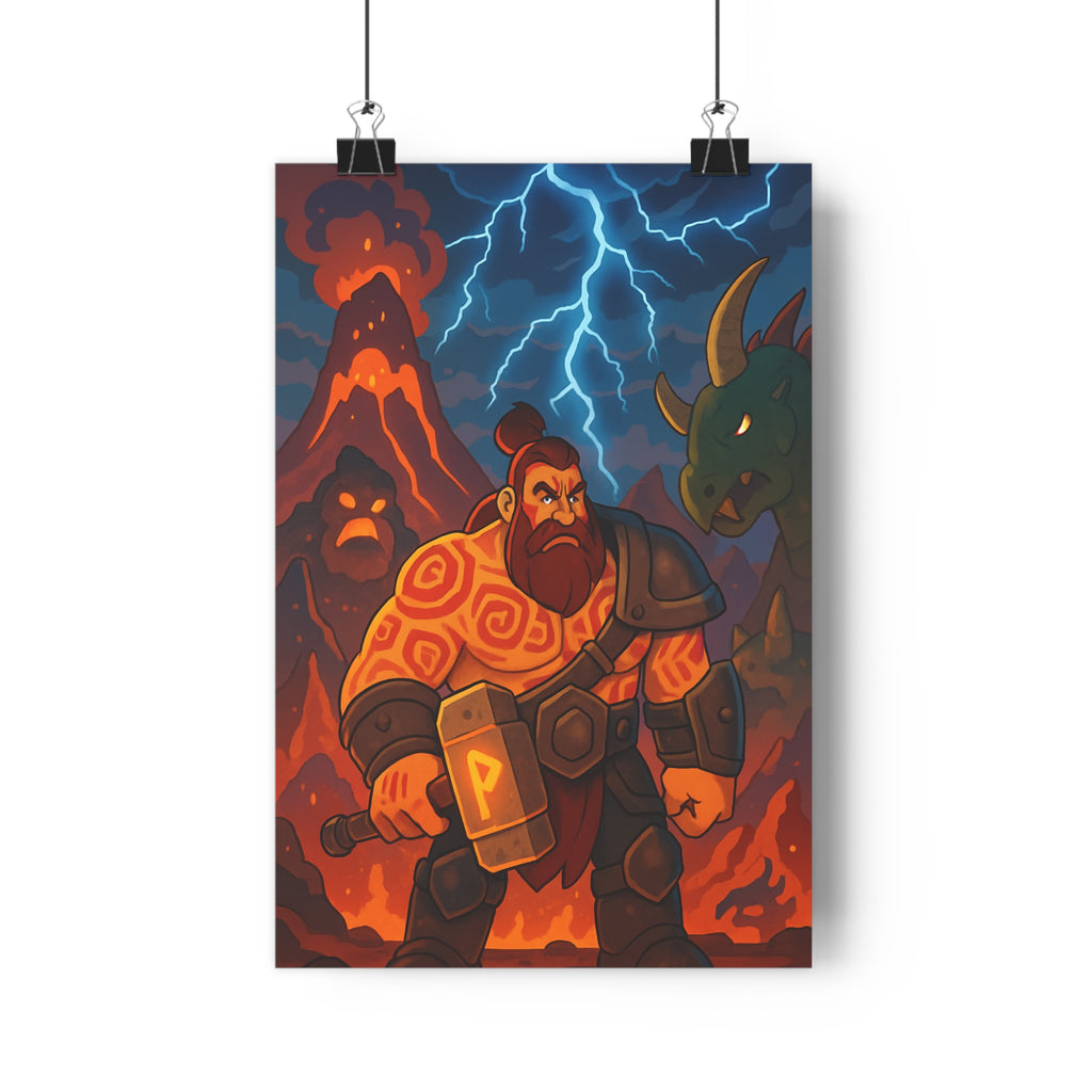 Poster décoratif animé rouge orange guerrier épique volcan aventure salon chambre ambiance intense qualité