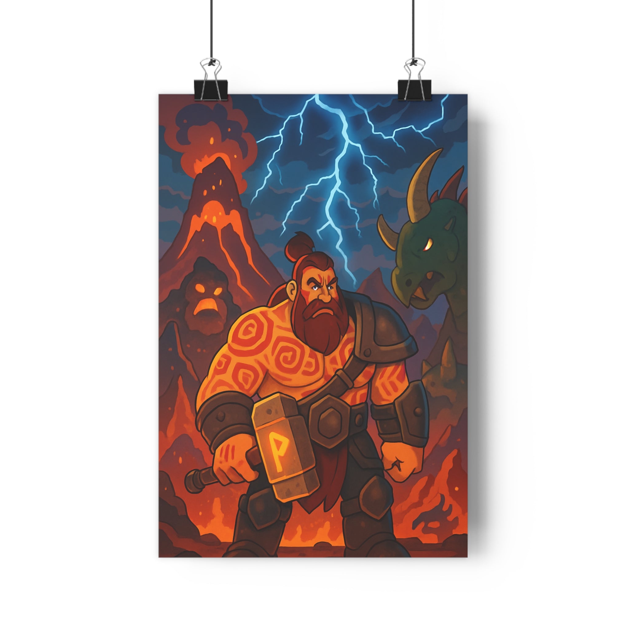 Poster décoratif animé rouge orange guerrier épique volcan aventure salon chambre ambiance intense qualité