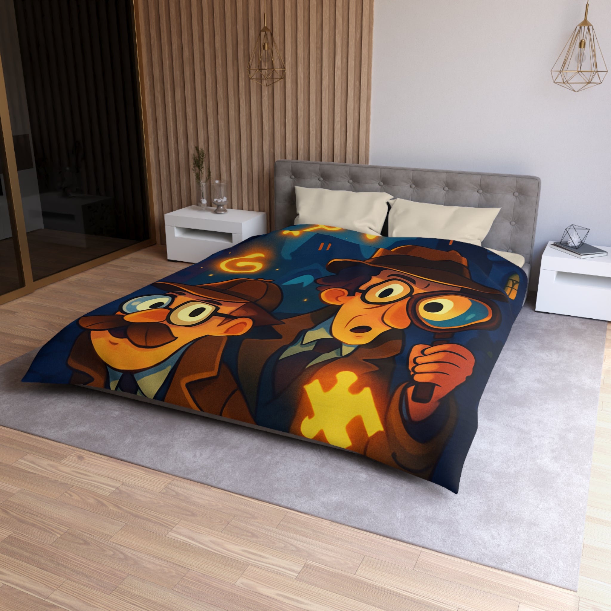 Housse de couette mystérieuse avec détectives sous un ciel étoilé, lunettes et loupe
