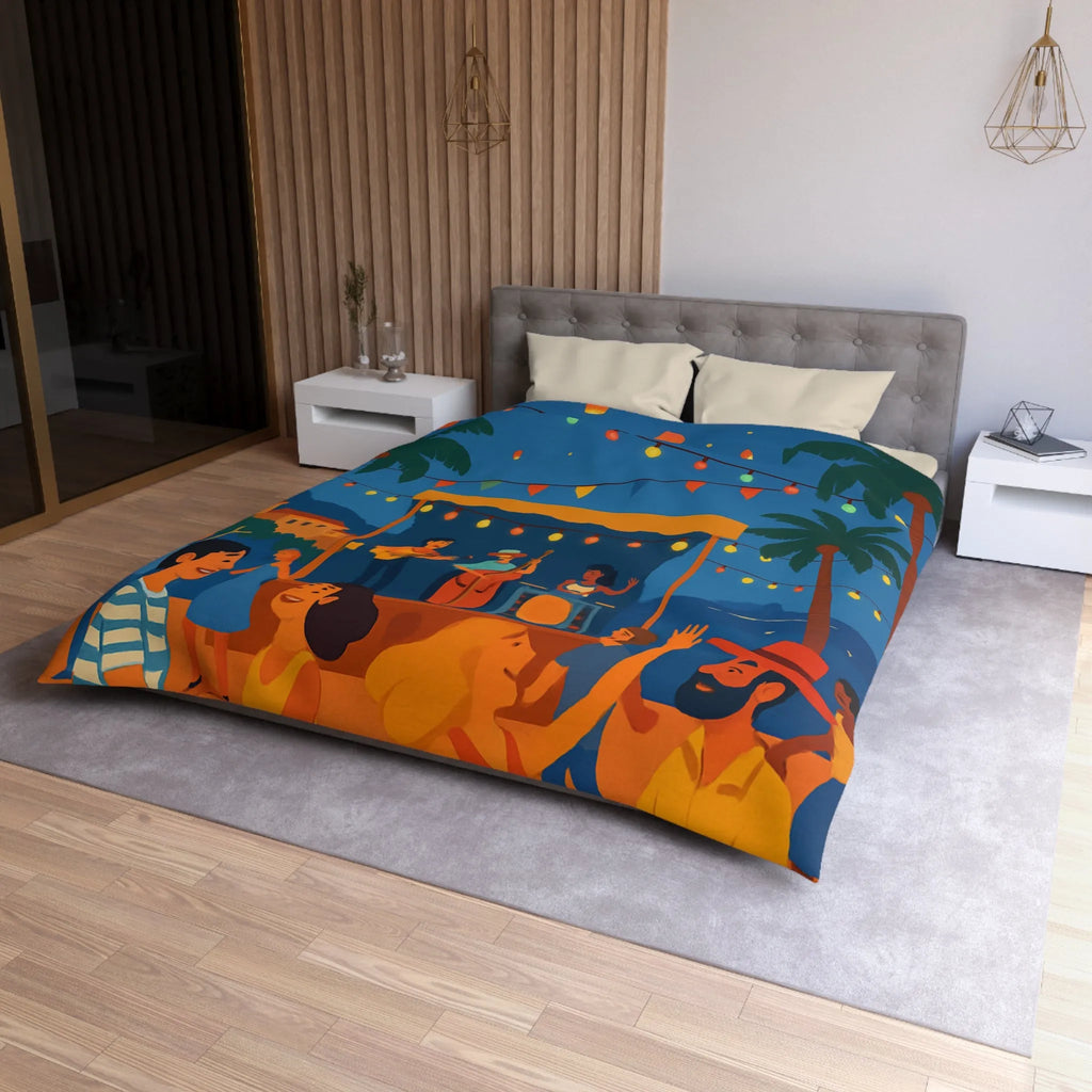 Housse de couette estivale scène festivale tropicale avec danseurs et lanternes lumineuses