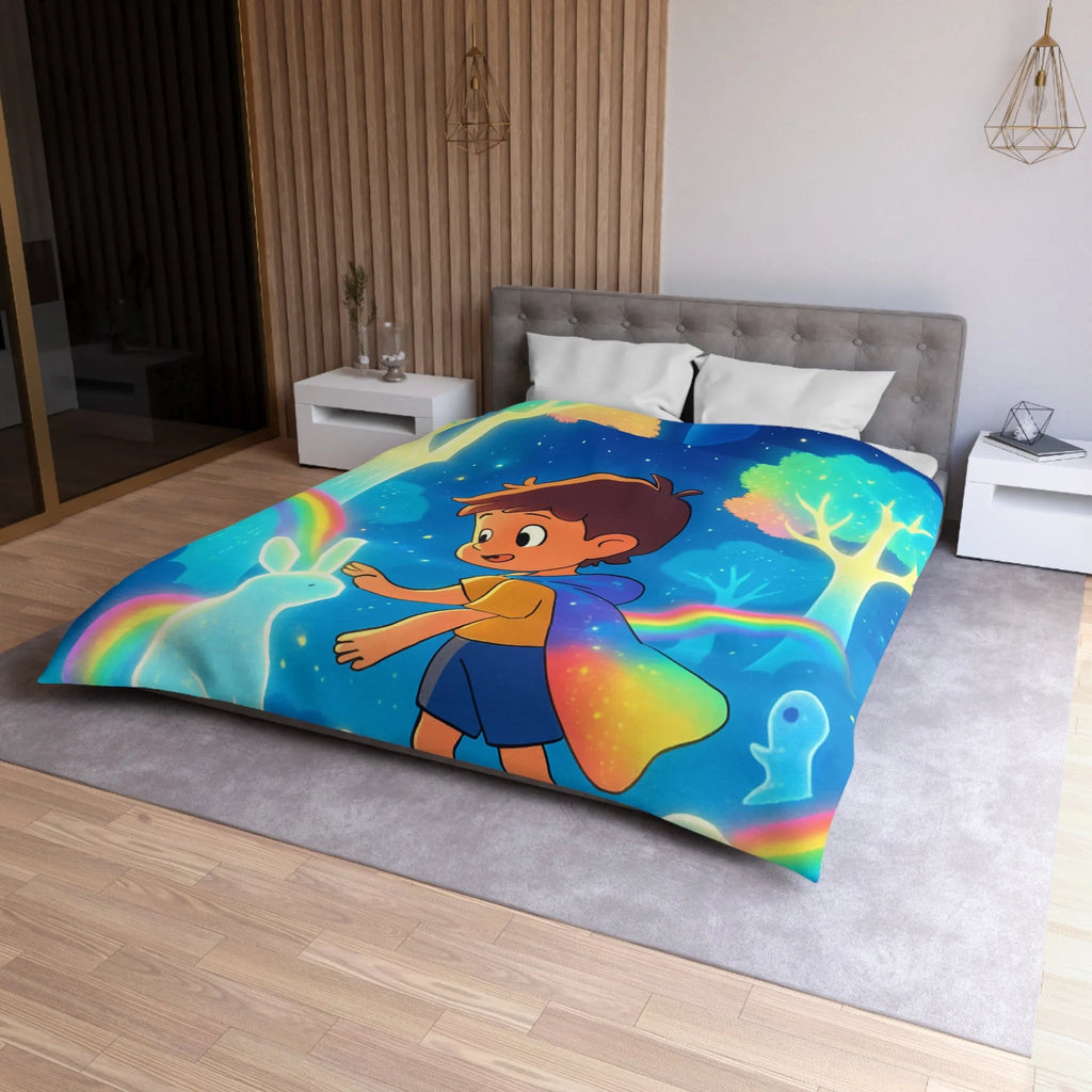 Housse de couette enfantine aux créatures lumineuses et arcs-en-ciel dans forêt enchantée