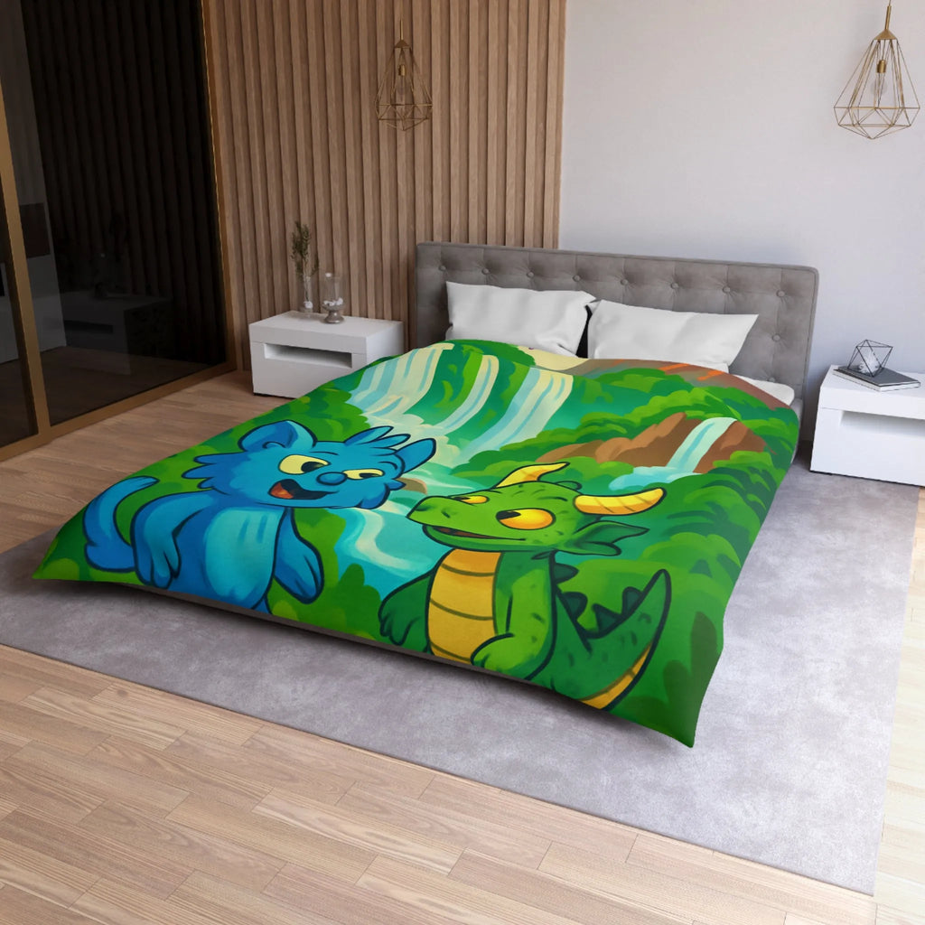 Housse de Couette Fantaisie Enfants Avec Animaux et Paysage Magique Coloré Vert et Bleu