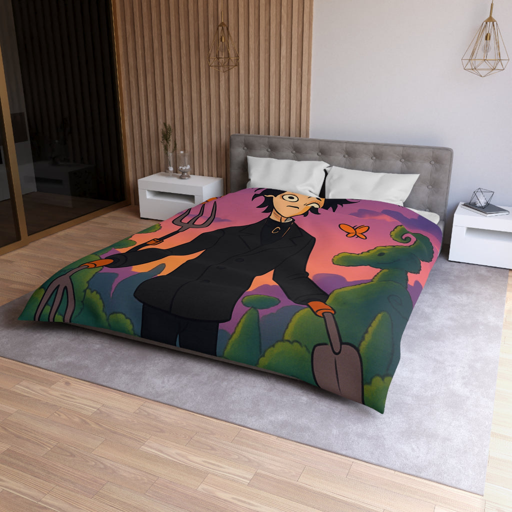 Housse de couette stylée avec personnage rêveur, jardin magique et papillons colorés