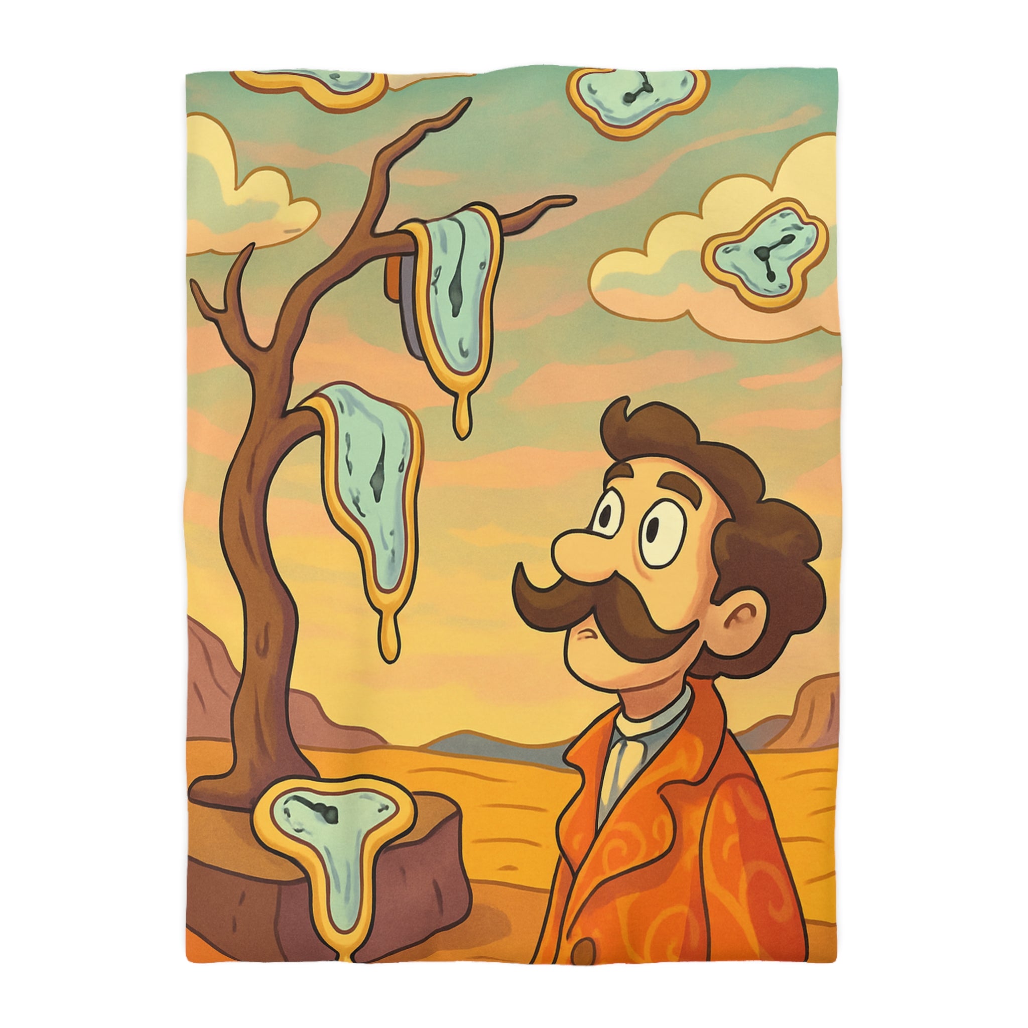 Housse de couette style surréaliste avec montres molles et paysage désertique vibrant