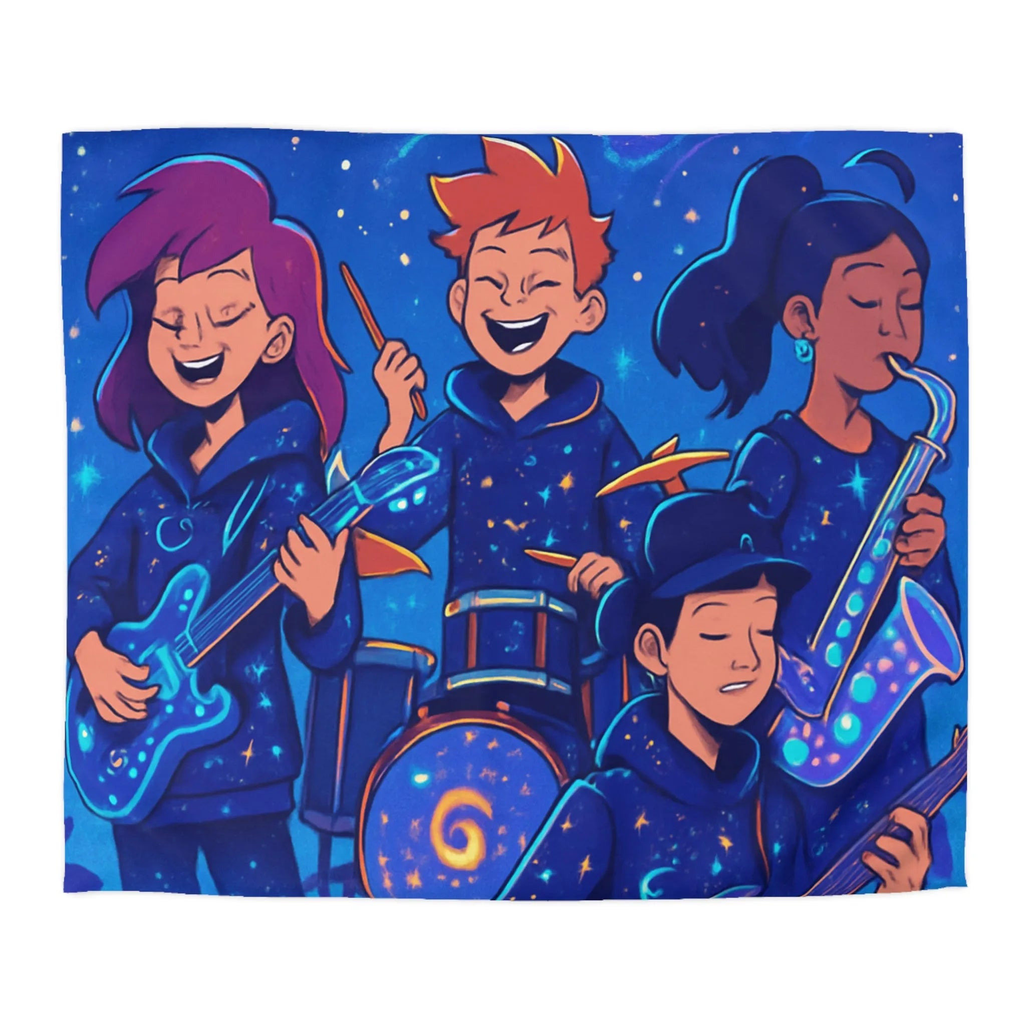 Housse de couette cosmos animée avec jeunes musiciens et instruments lumineux