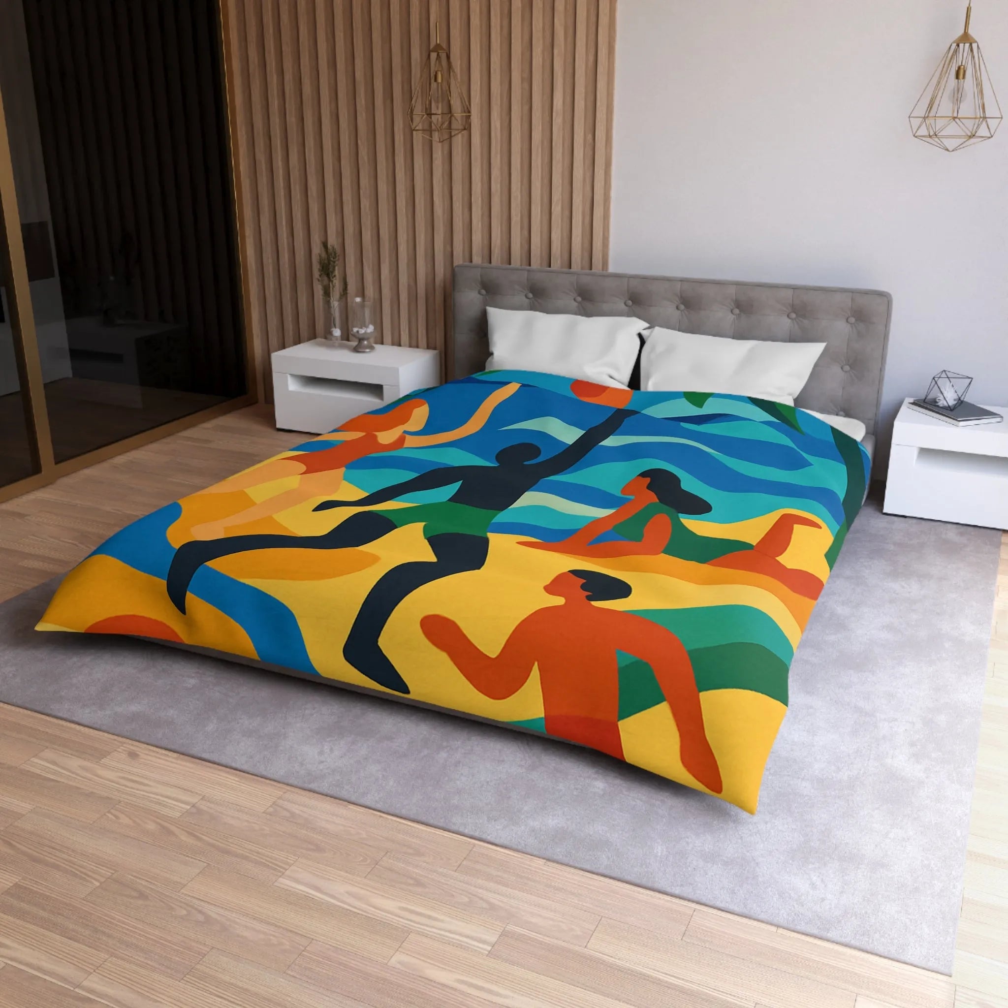 Housse de Couette Colorée Motif Plage Tropicale avec Palmiers et Activités Ludiques