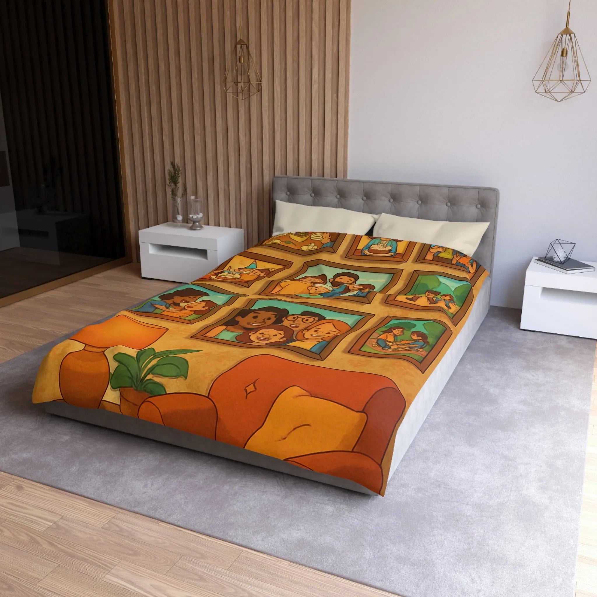 Housse de Couette Famille Heureuse avec Cadres Photo et Éléments Vintage pour Chambre