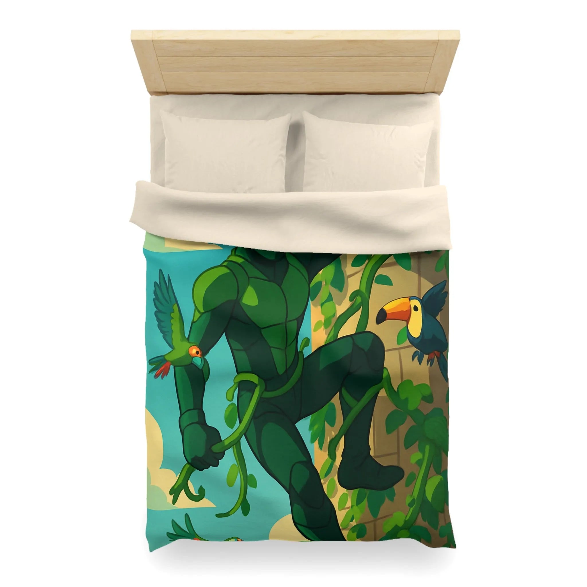 Housse de couette jungle animée avec héros vert grimpant et oiseaux colorés