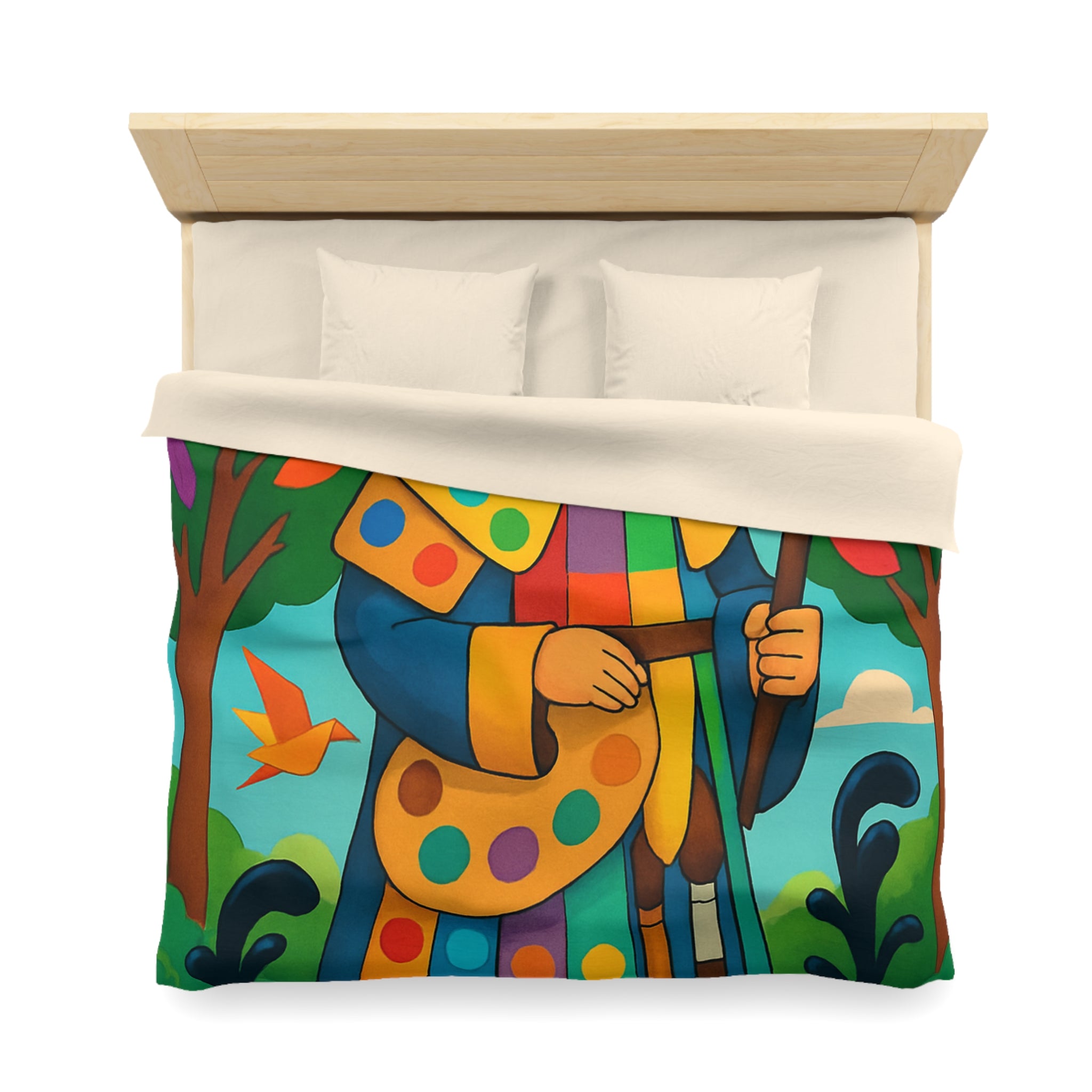 Housse de couette multicolore avec roi et oiseaux dans un jardin enchanteur