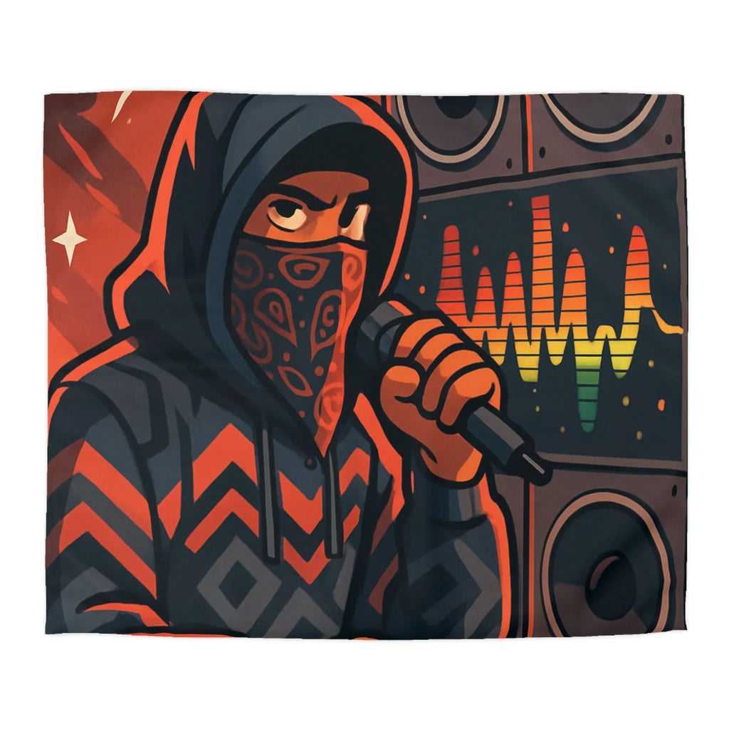Housse de couette hip-hop urbaine avec rappeur et haut-parleurs, énergie musicale vibrante