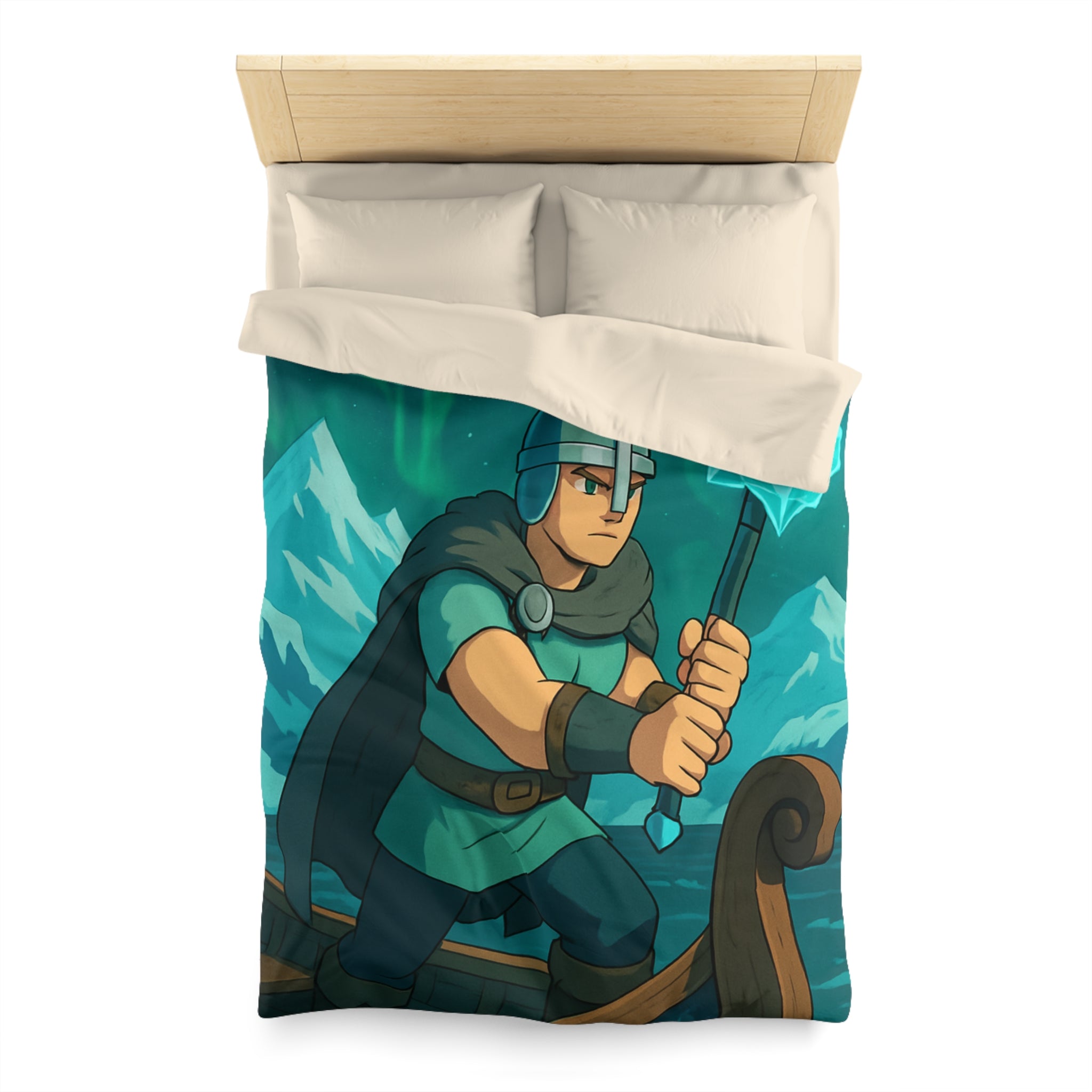 Housse de couette viking avec aurore boréale, bateau en bois et montagnes enneigées