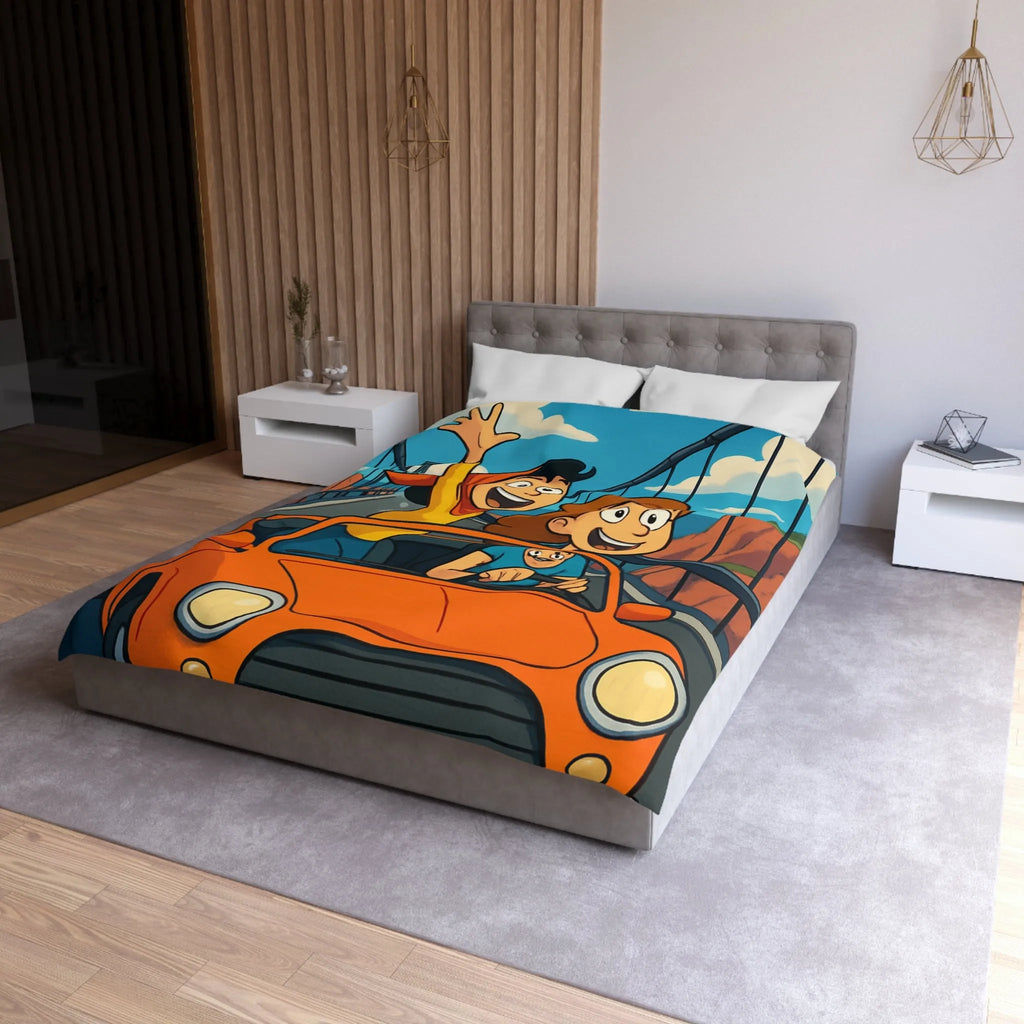 Housse de couette colorée avec illustration de famille en voiture sur pont suspendu