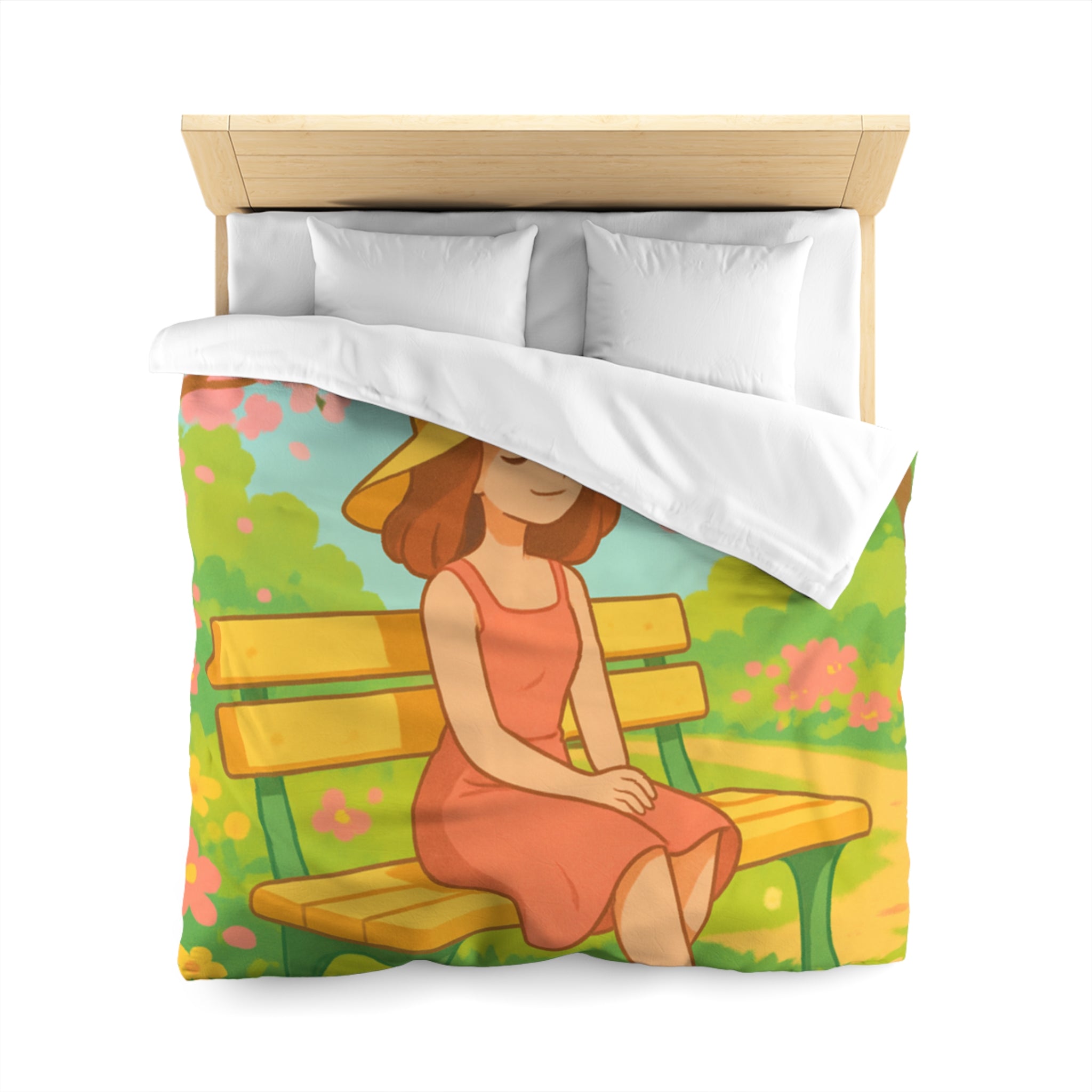 Housse De Couette Motif Printanier Banc Fleurs Ciel Bleu Style Illustration Paisible