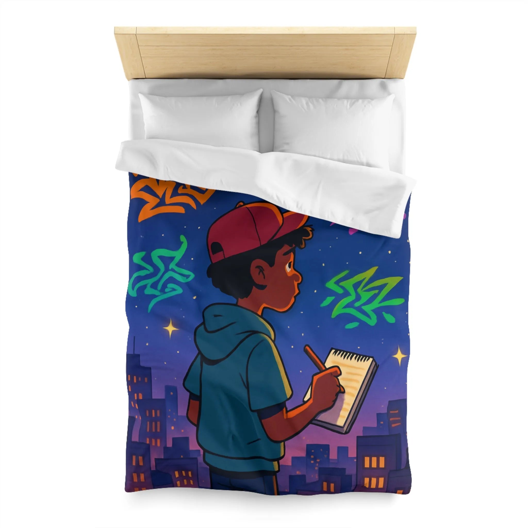 Housse de couette avec jeune artiste dessinant sous un ciel étoilé urbain coloré