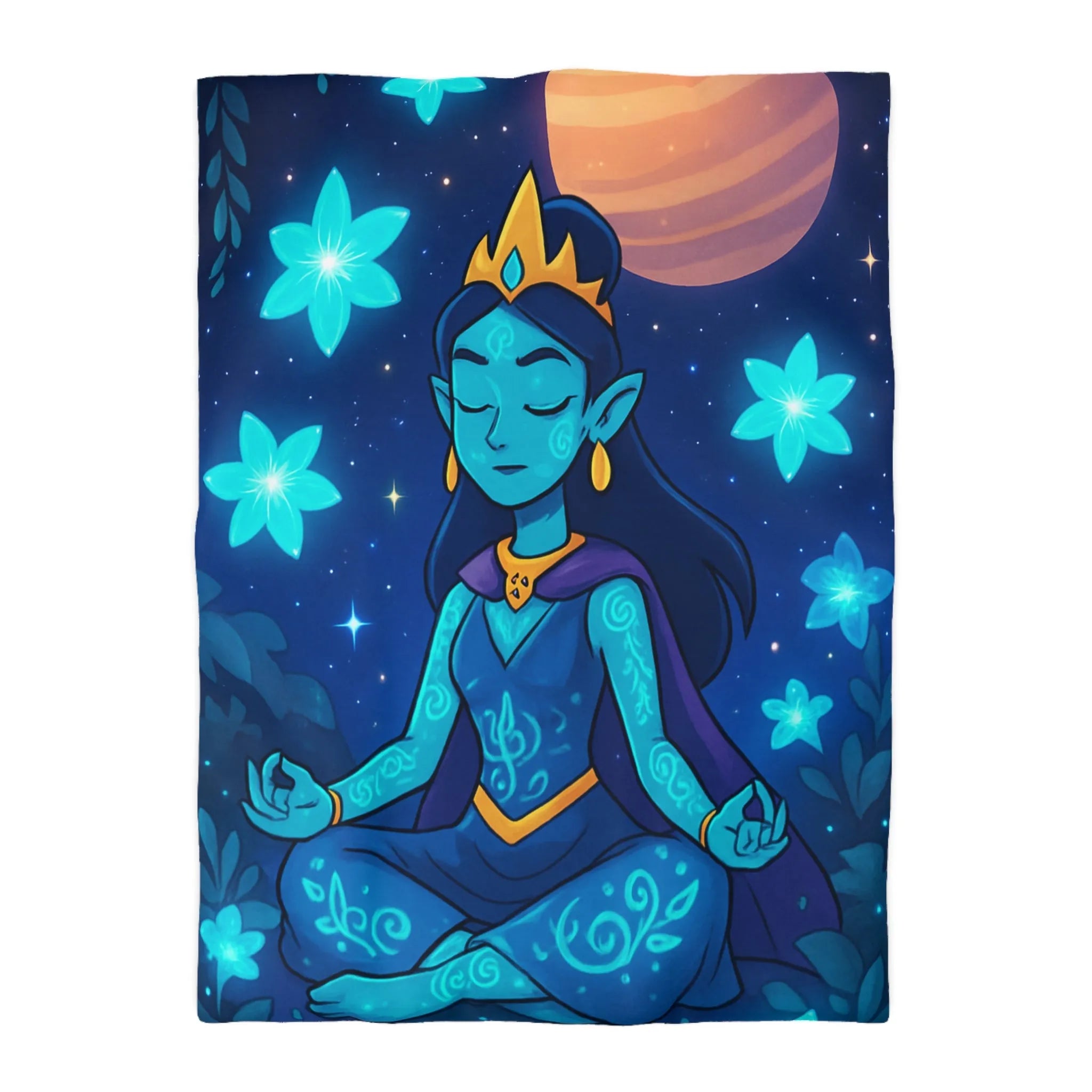 Housse de Couette Élégante avec Déesse Méditative et Étoiles, Ambiance Nocturne Mystique