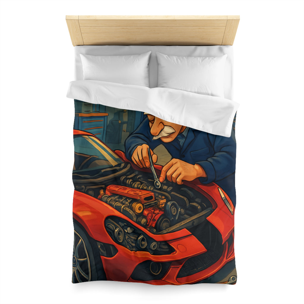 Housse de couette voiture rouge et mécanicien dans garage rétro pour chambre unique