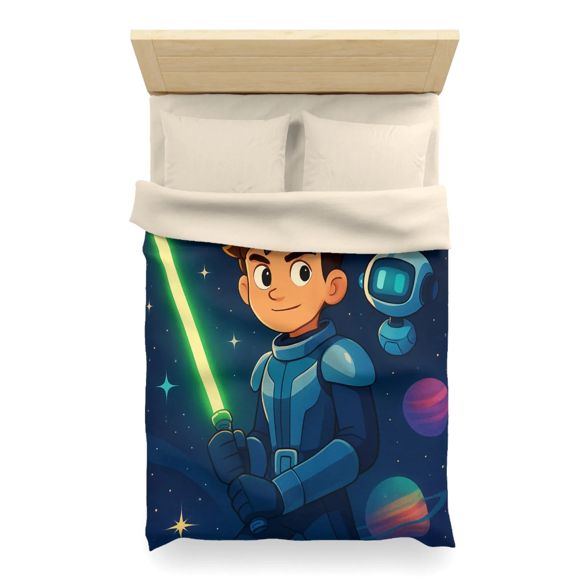 Housse de couette galactique avec enfant et robot, étoiles scintillantes et planètes colorées