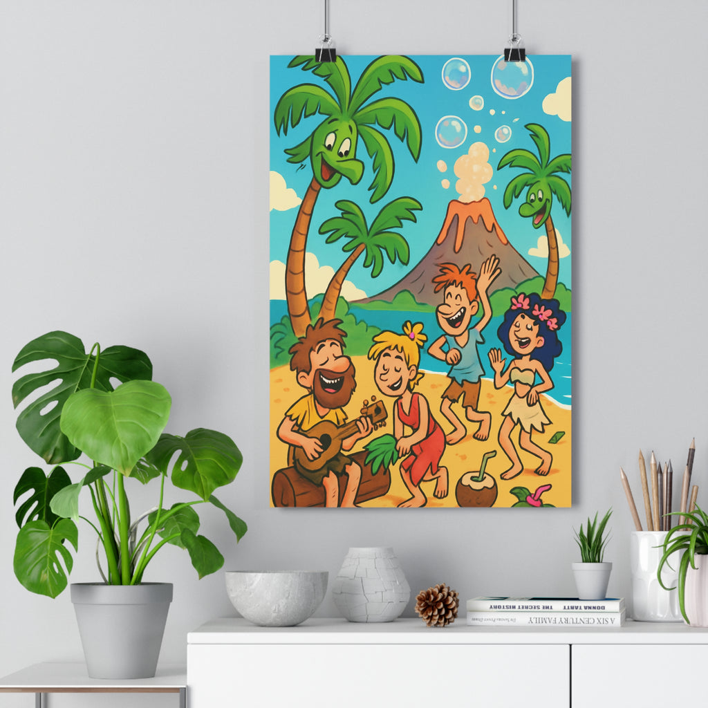 Poster décoratif cartoon joyeux tropical plage personnages dansant couleurs vives vert bleu chambre enfant