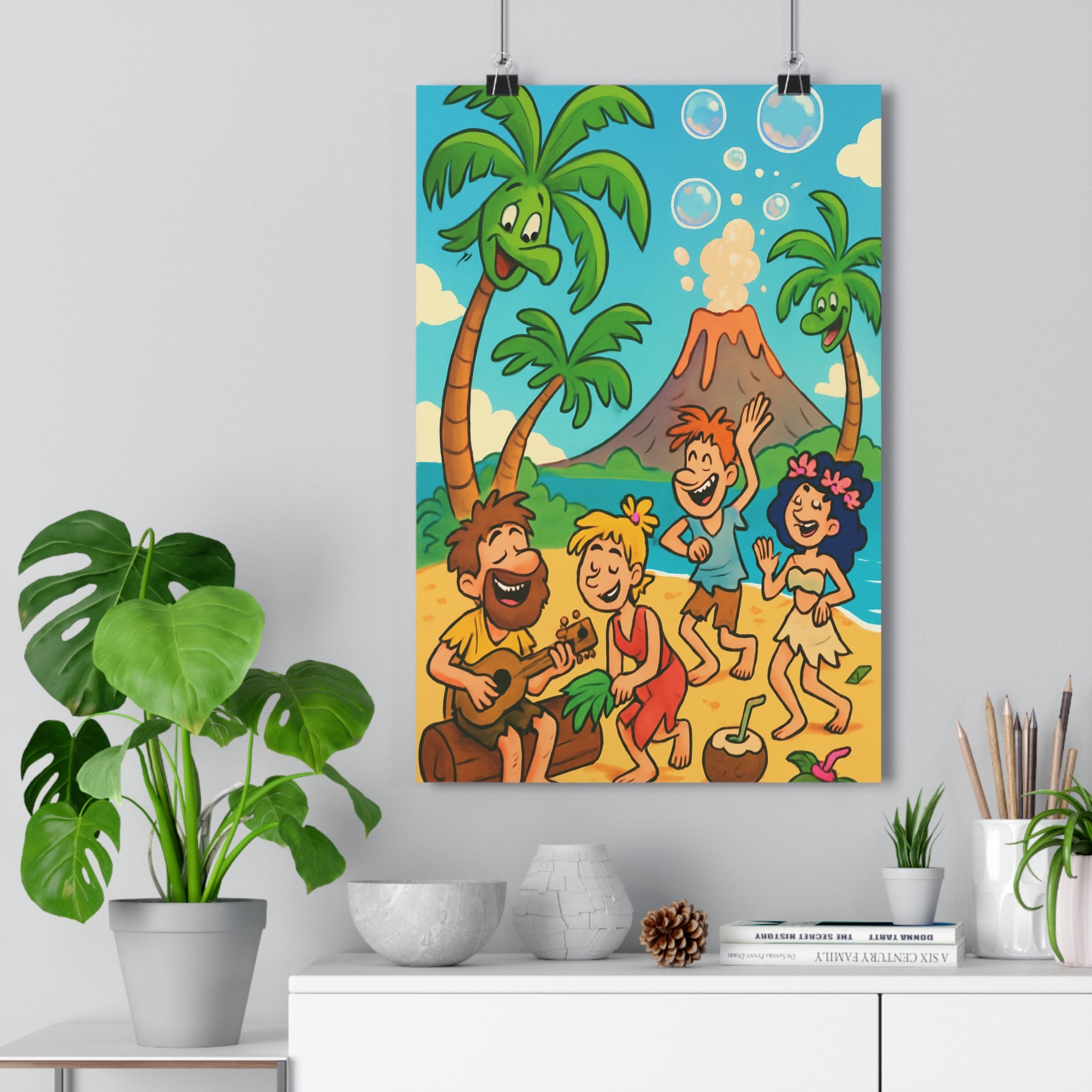 Poster décoratif cartoon joyeux tropical plage personnages dansant couleurs vives vert bleu chambre enfant