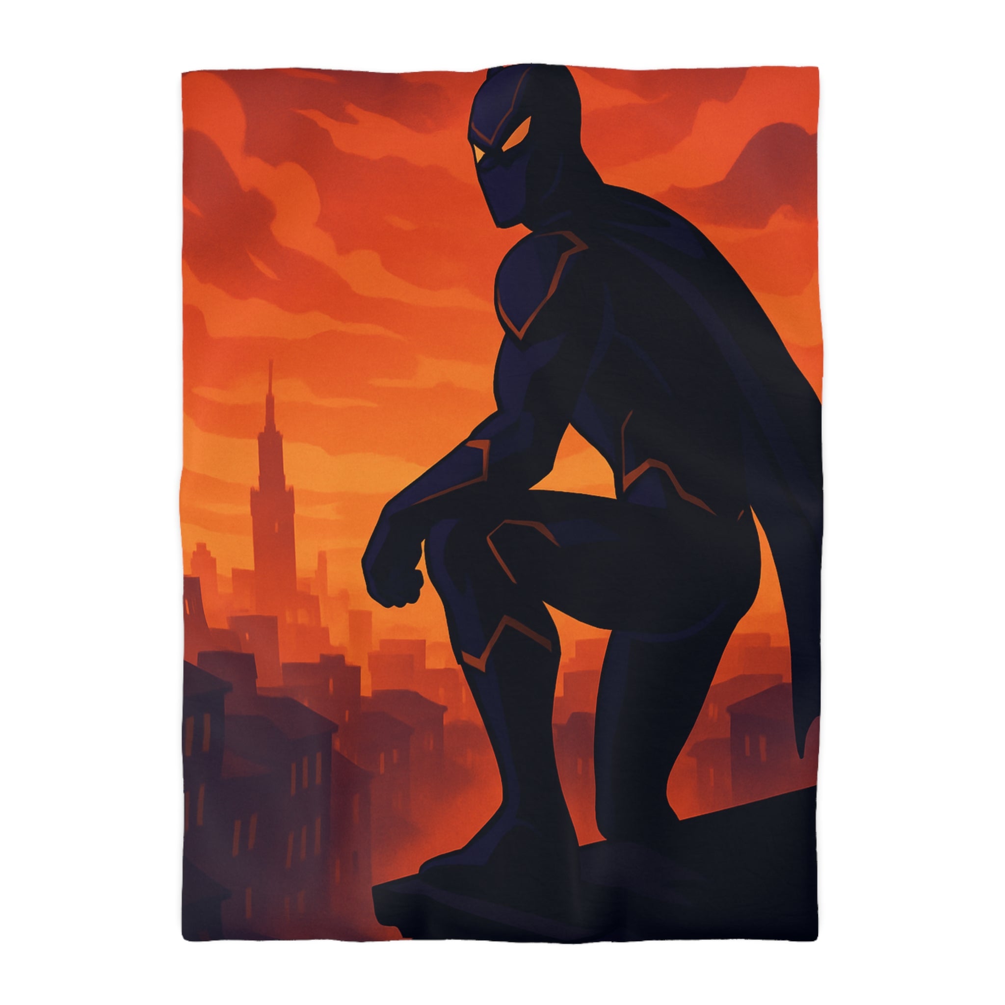 Housse de couette super-héros noir contemplant la ville dans un crépuscule rougeoyant
