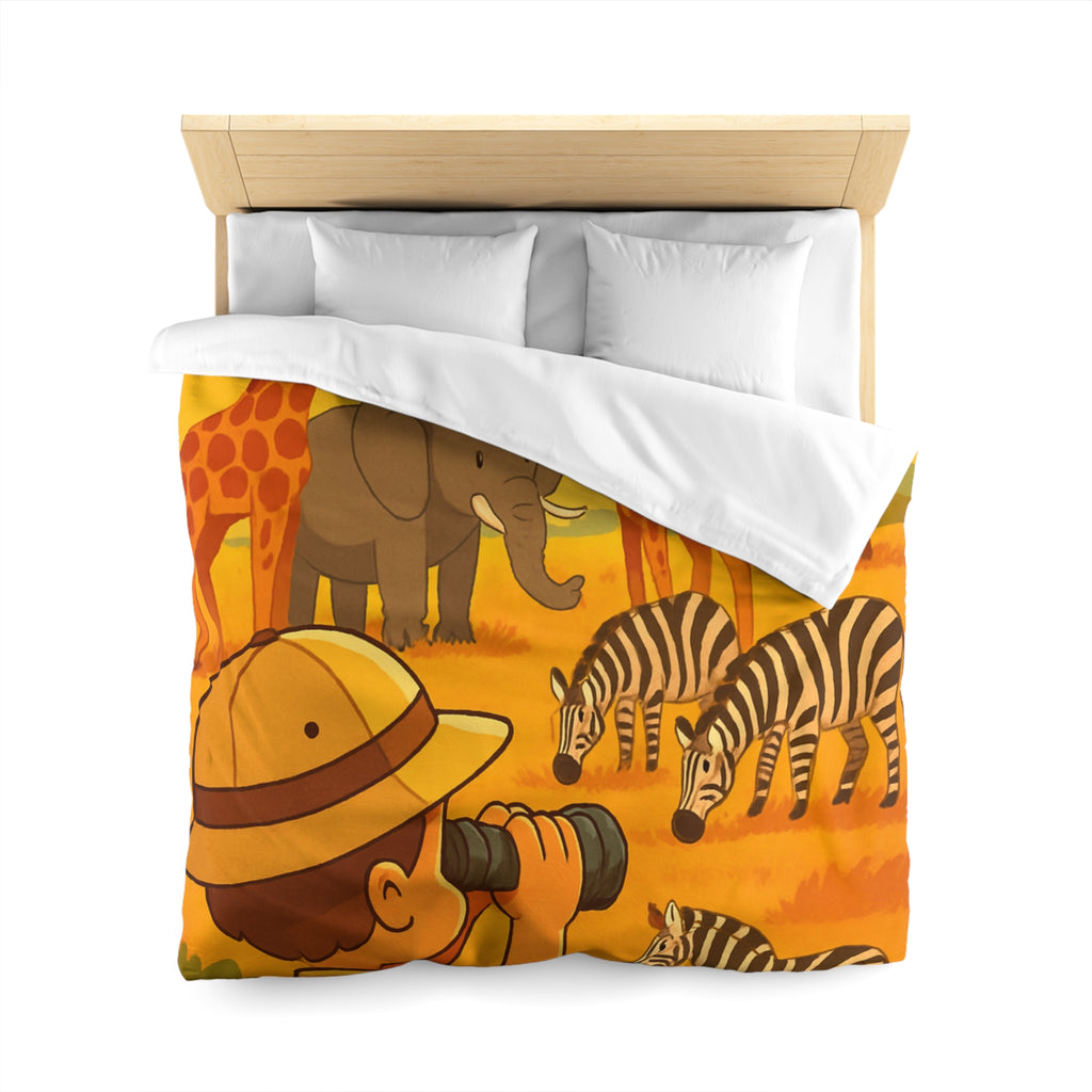 Housse de couette safari enfant avec éléphant, girafes et zèbres dans savane ensoleillée