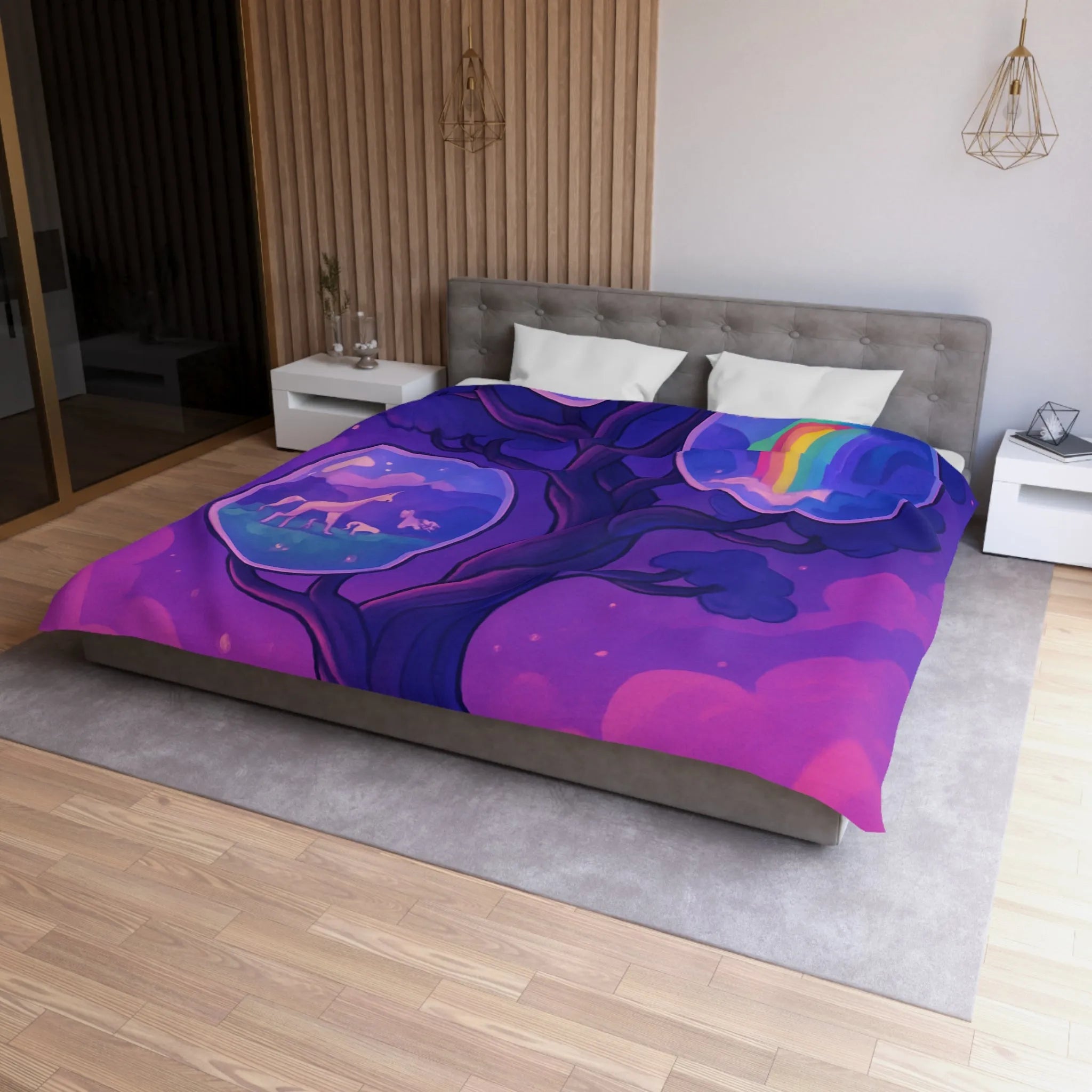 Enchanted Dreamscape Duvet: Mystical Castle, Majestic Unicorn, Vivid Waterfall on Tree