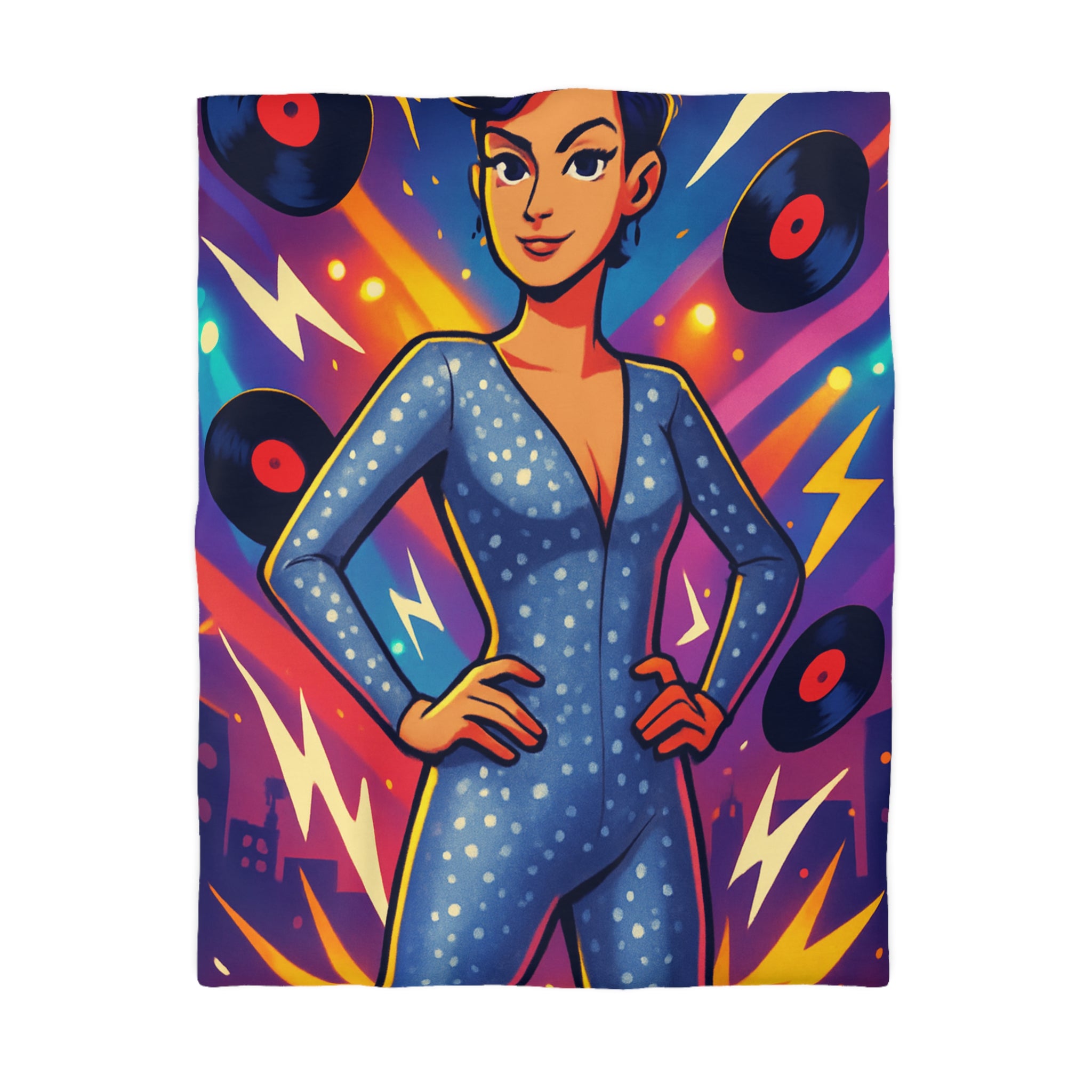 Housse de Couette Thématique Musique Vintage avec Femme dans Combinaison Étoilée Scintillante