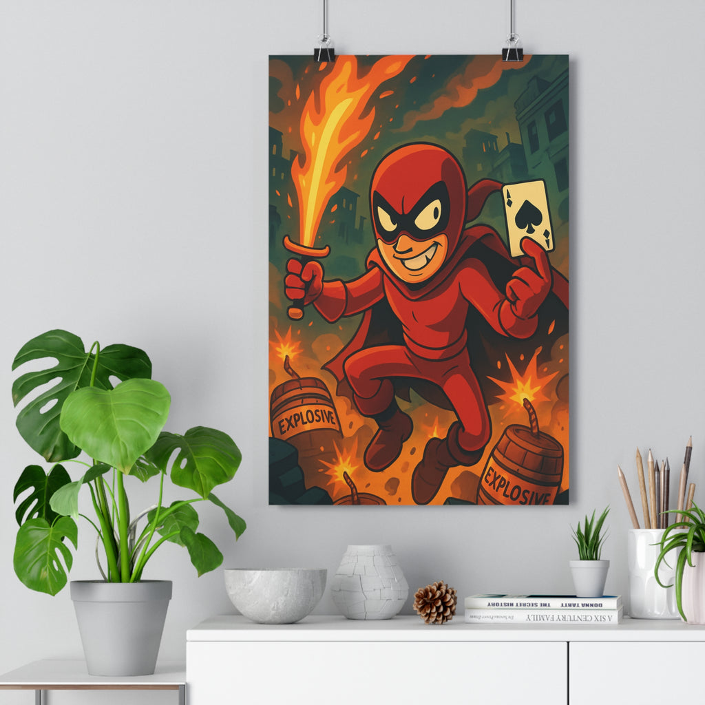 Poster décoratif personnage rouge cartoon aventure chambre enfant dynamique intense épée carte explosive 30x46